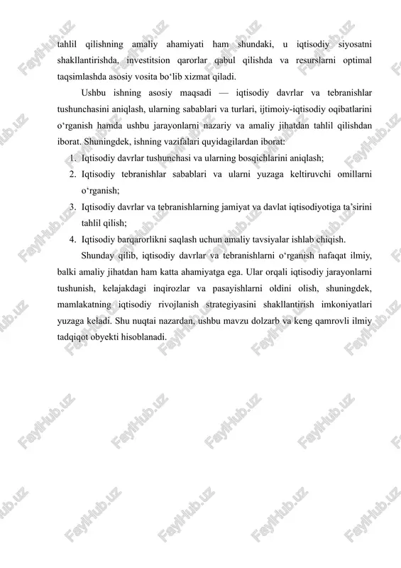 a) – iqtisodiyotning faollashuvi, ishlab chiqarish hajmining oshishi, ish o‘rinlarining ko‘payishi va daromadlarning ortishi bilan tavsiflanadi. 2. cho‘qqi davri (peak) – iqtisodiy faoliyatning eng yuqori nuqtasi, narxlar barqaror yoki biroz oshishi mumkin. bu davrda inflyatsiya xavfi ortadi. 3. pasayish davri (rezessiya) – ishlab chiqarish, savdo hajmi va daromadlarning kamayishi kuzatiladi, ish o‘rinlari qisqaradi. 4. depressiya (tushish davri) – iqtisodiy pasayishning eng chuqur bosqichi, uzoq davom etadigan moliyaviy va ijtimoiy muammolar bilan xarakterlanadi. iqtisodiy davrlar siklik bo‘lib, ular tabiiy va sun’iy sabablar, ichki va tashqi omillar ta’sirida yuzaga keladi. iqtisodiy davrlar — bu iqtisodiy tizimning vaqt o‘tishi bilan turli bosqichlardan o‘tishi, ya’ni ishlab chiqarish, iste’mol, investitsiyalar va boshqa iqtisodiy faoliyat ko‘rsatkichlarining siklik o‘zgarishini ifodalovchi tushunchadir. ular jamiyat iqtisodiyotining tabiiy ritmi sifatida namoyon bo‘lib, o‘sish, cho‘qqi, pasayish va depressiya bosqichlaridan iborat bo‘ladi. iqtisodiy davrlar nazariy jihatdan mikroiqtisodiyot va makroiqtisodiyotning bir-biriga bog‘liq qismlarini aks ettiradi. iqtisodiy davrlarning o‘ziga xos xususiyati shundaki, ular siklik …