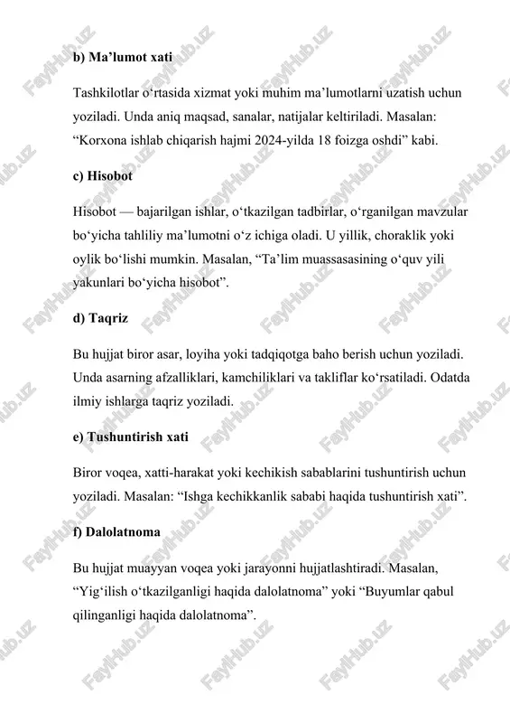 ’lumotlari va imzosi. 6. muhr yoki tasdiqlovchi belgi – zaruratga qarab qo‘yiladi. hujjat matni odatda quyidagicha tuziladi: · kirish jumlasi – hujjat yozilish sababi bayon etiladi. · asosiy mazmun – voqea yoki ma’lumotning tafsilotlari beriladi. · xulosa – umumiy natija yoki tavsiya ko‘rsatiladi. tuzilishdagi aniqlik, izchillik va mantiqiylik hujjatni to‘g‘ri idrok etishga yordam beradi. 4. ma’lumot-axborot hujjatlarining tili va uslubi bunday hujjatlar rasmiy-ish uslubida yoziladi. ularning asosiy belgilaridan biri — aniqlik, lo‘ndalik, hissiz ifodadir. masalan, “mazkur axborotnoma 2025-yil 20-oktabrda o‘tkazilgan seminar natijalariga asosan tayyorlandi” kabi gaplar emotsiyasiz, aniq ma’lumot beradi. rasmiy hujjatlar tili quyidagi xususiyatlarga ega: · sodda va qisqa gaplardan foydalaniladi; · grammatik jihatdan to‘liq tuzilgan; · shaxsiy fikr, so‘z o‘yinlari, hissiy ifoda bo‘lmaydi; · terminlar to‘g‘ri qo‘llanadi; · orfografik va punktuatsion qoidalarga qat’iy rioya qilinadi. shunday qilib, ma’lumot-axborot hujjatlari tilining tozaligi va aniqligi — uning rasmiy kuchini ta’minlaydi. 5. axborot hujjatlarining hozirgi zamon hayotidagi o‘rni bugungi kunda ma’lumot-axborot …