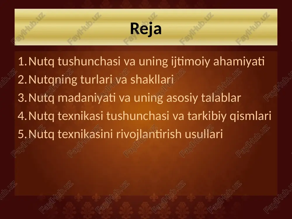 i to‘g‘ri yetkazuvchi ohang, urg‘u, pauza va tovush balandligining o‘zgarishidir. mimika va jestlar – so‘zlovchining yuz ifodasi va qo‘l harakatlari nutqqa jonlilik va tabiiylik bag‘ishlaydi. nutq texnikasi ustida ishlash, avvalo, nafas mashqlari, tovush apparatini mustahkamlovchi mashg‘ulotlar, she’r yodlash, notiqlik matnlarini o‘qish orqali shakllanadi. nutq texnikasini rivojlantirish usullari nutq texnikasini rivojlantirish uchun quyidagi usullar samarali hisoblanadi: nafas mashqlari: burun orqali chuqur nafas olib, og‘iz orqali asta chiqarish; bu mashqlar nutq davomida nafasni boshqarishga yordam beradi. talaffuz mashqlari: murakkab so‘z birikmalarini takroriy talaffuz qilish orqali diktsiyani yaxshilash. ovoz mashqlari: turli balandlikdagi tovushlarni chiqarish, she’r yoki matnni turli ohangda o‘qish. ko‘zguda mashq qilish: so‘zlash jarayonida mimika va og‘iz harakatlarini kuzatish, xatolarni tuzatish. ifodali o‘qish: matnni hissiyot bilan, ohangni o‘zgartirib o‘qish orqali intonatsiyani rivojlantirish. bu usullar inson nutqining tabiiyligini oshiradi, tinglovchiga kuchli emotsional ta’sir ko‘rsatish imkonini yaratadi. xulosa nutq va nutq texnikasi insonning ijtimoiy hayotidagi eng muhim ko‘nikmalardan biridir. nutq orqali inson o‘z fikrini …