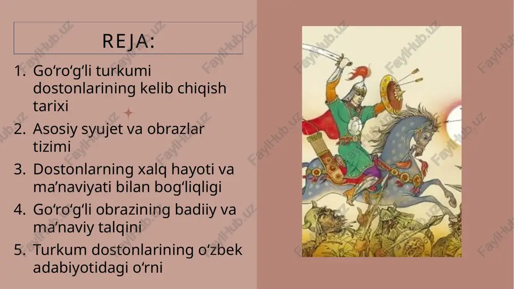 an” kabi asarlar bilan bir qatorda turadi. bu dostonlar o‘zbek adabiyotida epik tafakkurning yuksak namunasi bo‘lib, keyingi yozma adabiyotga ham kuchli ta’sir ko‘rsatgan. 17 shuningdek, go‘ro‘g‘li dostonlari xalq qo‘shiqlari, teatr, kino va zamonaviy san’at turlarida ham o‘z ifodasini topgan. u xalqning milliy iftixori, tarixiy xotirasi va madaniy merosi sifatida qadrlanadi. xulosa go‘ro‘g‘li turkumiga mansub dostonlar o‘zbek xalqining tarixiy tafakkuri, qahramonlik ruhi va ma’naviy boyligini aks ettiruvchi bebaho xazina hisoblanadi. ular asrlar davomida xalq og‘zaki ijodining yuksak namunasi sifatida yashab kelmoqda. bu dostonlar orqali xalq o‘z orzu-armonlarini, ozodlikka bo‘lgan ishonchini, mardlik va sadoqat kabi yuksak fazilatlarni ifoda etgan. shu bois “go‘ro‘g‘li” turkumidagi dostonlar nafaqat adabiy, balki ma’naviy-tarbiyaviy ahamiyatga ega milliy merosdir. foydalanilgan adabiyotlar qahhorov, a. o‘zbek xalq dostonlari. – toshkent: fan nashriyoti, 2019. jo‘raev, m. go‘ro‘g‘li dostonlari tahlili. – toshkent: o‘zbekiston, 2016. g‘afurov, n. o‘zbek xalq og‘zaki ijodi. – toshkent: universitet, 2021. to‘xtayev, s. dostonchilik san’ati va xalq eposi. – samarqand: …