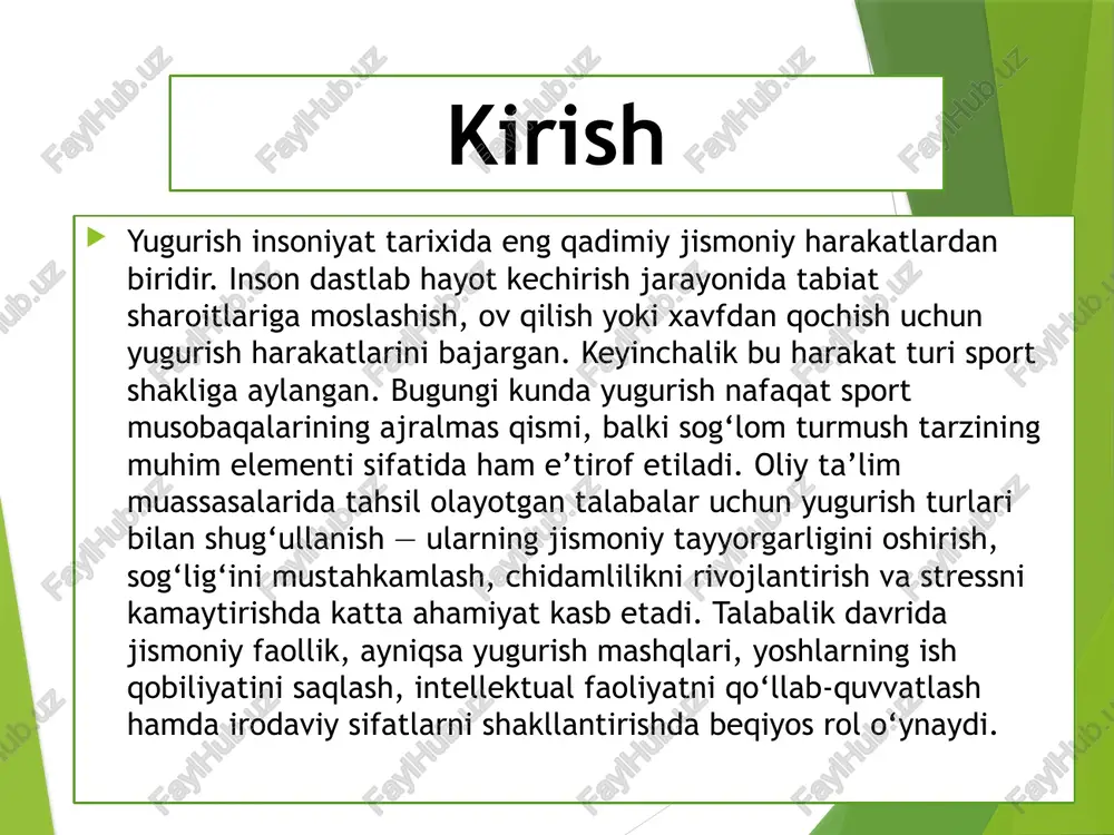 ugurish texnikasini o‘zlashtirishda bosqichma-bosqich yondashuv muhim. dastlabki mashg‘ulotlarda to‘g‘ri yugurish holati, qadam tashlash texnikasi, nafas olish ritmi o‘rgatiladi. mashg‘ulotlar quyidagi usullar orqali tashkil etilishi tavsiya etiladi: qisqa masofada tezlikni oshirish mashqlari – 30–50 metr masofalarda yugurish; interval yugurish – ma’lum masofani yugurib, qisqa dam olishdan so‘ng qayta yugurish; tepalikda yugurish – oyoq mushaklarini mustahkamlash va chidamlilikni oshirish; start va finish mashqlari – reaksiya tezligini rivojlantirish uchun; yugurishdan keyingi mashqlar – nafas olishni tiklash va mushaklarni bo‘shashtirish. yugurish mashg‘ulotlarini o‘tkazishda talabalarning jismoniy tayyorgarlik darajasi, sog‘lig‘i, yosh xususiyatlari hisobga olinadi. murabbiy texnikani kuzatib, xatolarni aniqlab tuzatishi, har bir talaba uchun individual yondashuvni qo‘llashi lozim. yugurish mashqlarining sog‘lomlashtiruvchi ahamiyati yugurish nafaqat sport natijalarini yaxshilaydi, balki sog‘lomlashtiruvchi omil sifatida ham juda muhim. muntazam yugurish quyidagi ijobiy natijalarga olib keladi: yurak va qon tomir tizimini mustahkamlaydi; qon bosimini me’yorda ushlab turadi; nafas olish faoliyatini yaxshilaydi; immunitetni kuchaytiradi; ruhiy tinchlikni ta’minlaydi, stressni kamaytiradi; miya faoliyatini faollashtiradi, …