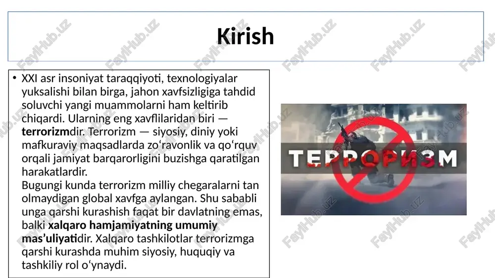 rot almashish va chegara xavfsizligini mustahkamlash asosiy yo‘nalishlardan biridir. c) nato shimoliy atlantika shartnomasi tashkiloti (nato) 2001-yildan boshlab terrorizmga qarshi kurashni o‘zining asosiy xavfsizlik vazifalaridan biri deb e’lon qilgan. nato qo‘shinlari xalqaro koalitsiyalar doirasida afg‘oniston, iroq va suriya kabi hududlarda terrorchilikka qarshi amaliy operatsiyalarda ishtirok etgan. o‘zbekiston va xalqaro hamkorlik o‘zbekiston ham xalqaro tashkilotlar bilan hamkorlikda terrorizmga qarshi qat’iy siyosat yuritmoqda. mamlakat bmt, shht, mdh va yxht doirasida ko‘plab konvensiyalarga qo‘shilgan. prezident shavkat mirziyoyev tomonidan ilgari surilgan “tinchlik, xavfsizlik va barqaror taraqqiyot – hamkorlik poydevori” tamoyili terrorizmga qarshi kurashda xalqaro birdamlikni kuchaytirishga qaratilgan. shuningdek, o‘zbekistonda ekstremizm va terrorizmning oldini olish uchun yoshlar ma’naviyatini yuksaltirish, ta’lim va ijtimoiy barqarorlikni mustahkamlash borasida ko‘plab dasturlar amalga oshirilmoqda. xulosa terrorizmga qarshi kurash — zamonaviy dunyoda insoniyat tinchligi va xavfsizligini ta’minlashning eng muhim yo‘nalishidir. bu jarayonda xalqaro tashkilotlarning roli beqiyos. bmt, shht, nato va yevropa ittifoqi kabi tashkilotlar xalqaro huquqiy asoslarni ishlab chiqib, mamlakatlar o‘rtasidagi …