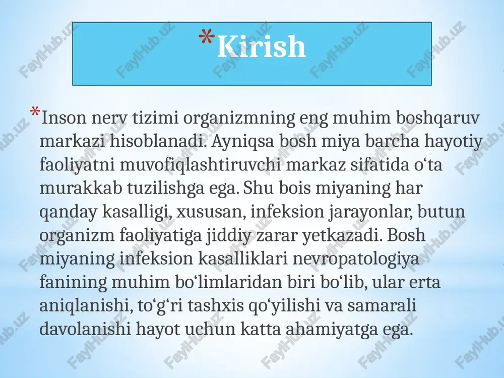 “nevropatologiya asoslari”. – toshkent: tibbiyot nashriyoti, 2019. jo‘rayev m. “markaziy nerv tizimi kasalliklari”. – t.: fan, 2020. karimova d. “klinik nevrologiya”. – toshkent, 2021. rasulov a. “tibbiyotda infeksion kasalliklar”. – t.: ilm ziyo, 2018. xolmatova n. “nevrologik sindromlar”. – samarqand, 2020. o‘zbekiston sog‘liqni saqlash vazirligi ma’lumotlari. “tibbiyot ensiklopediyasi”. – toshkent: “yangi asr avlodi”, 2017. mavlonova m. “asab tizimi va uning kasalliklari”. – farg‘ona, 2022. “zamonaviy nevrologiya jurnali”, №3, 2023-yil. www.minzdrav.uz e’tiboringiz uchun rahmat! image2.png image3.jpeg image4.png image5.jpg image1.jpeg /docprops/thumbnail.jpeg