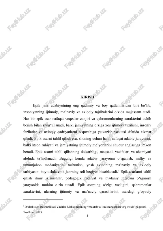insonni keng dunyoqarashli, madaniyatlararo muloqotga tayyor shaxs sifatida shakllantiradi. shu jihatlar epik asarni tahlil qilishni nafaqat adabiy bilimlarni oshirish, balki shaxsiy, ijtimoiy va ma’naviy rivojlanish uchun ham dolzarb qiladi. bugungi tezkor va global hayot sharoitida o‘z tarixini, milliy qadriyatlarini va insoniy fazilatlarni anglash qobiliyati yanada muhim ahamiyat kasb etmoqda. mavzuning ahamiyati epik asarni tahlil qilishning ahamiyati nafaqat adabiyotshunoslik sohasida, balki shaxsiy va ijtimoiy rivojlanishda ham katta rol o‘ynaydi. avvalo, bunday tahlil o‘quvchiga asarning syujeti, qahramonlari va voqealar rivojini chuqurroq tushunishga imkon beradi, bu esa o‘quvchining tafakkurini rivojlantiradi, tanqidiy fikrlash qobiliyatini shakllantiradi va voqealarni sabab-natija munosabatida baholashga o‘rgatadi. epik asarlar ko‘pincha insoniy fazilatlar, axloqiy qadriyatlar va ijtimoiy masalalarni yoritadi, shuning uchun ularni tahlil qilish orqali o‘quvchi axloqiy qarorlar qabul qilishni, to‘g‘ri va noto‘g‘rini ajratishni o‘rganadi. epik asarlar tarixiy va madaniy merosning muhim qismi bo‘lib, ularni o‘rganish orqali o‘quvchi o‘z xalqining tarixini, urf-odatlarini, qadriyat va an’analarini chuqurroq anglaydi, shuningdek boshqa xalqlar madaniyati …
