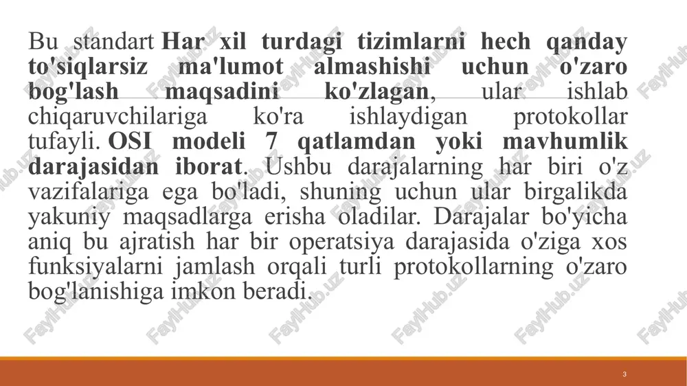 bilan shug`ulanadi. 8 8 telekommunikatsiya sohasida standartlashtirish evropa instituti (european telecommunications standards institute, etsi) 1988 yilda tashkil etilgan. evropa doirasida axborot va telekommunikatsiya texnologiyalarini standartlashtirishga javob beradi. osiyo-tinch okean xududiy tarmoq axborot texnologiyalari markazi (asia pacific network information centre, apnic). kommutatsiya – signallarni uzatish (trasportirovkalash) uchun zarur bo`lgan vaqtda funksional birliklarni, uzatish kanallari yoki aloqa kanallarini ketma-ket ulanishini barpo etish jarayonidir. 9 9 kanallar kommutatsiyasi - bunda tarmoqdagi istalgan abonent punktlari juftliklari orasida to`g`ridan-to`g`ri kanal tashkil etish uchun tarmoqning turli uchastkalarida kanallarni vaqtincha bog`lanish usulidir. kanallar kommutatsiyasi (kk) odatda analogli yoki bitta tezlikli raqamli aloqa tarmoqlarida qo`llaniladi. bunday tarmoqlarda tarmoq resursining statik taqsimoti amalga oshiriladi yoki axborotni uzatish uchun ajratilgan qaydlangan o`tkazish polosasi qo`llaniladi. bu holda axborotni kechikishi minimal bo`ladi va faqat bog`lanishni o`rnatilish vaqti bilan belgilanadi. ushbu usul yetarlicha moslashuvchan emas deb hisoblanadi va amalda uning asosida ko`p to`plamli tezliklarga ega multiservis raqamli tarmoqni qurib bo`lmaydi. 10 10 kommutatsiya …