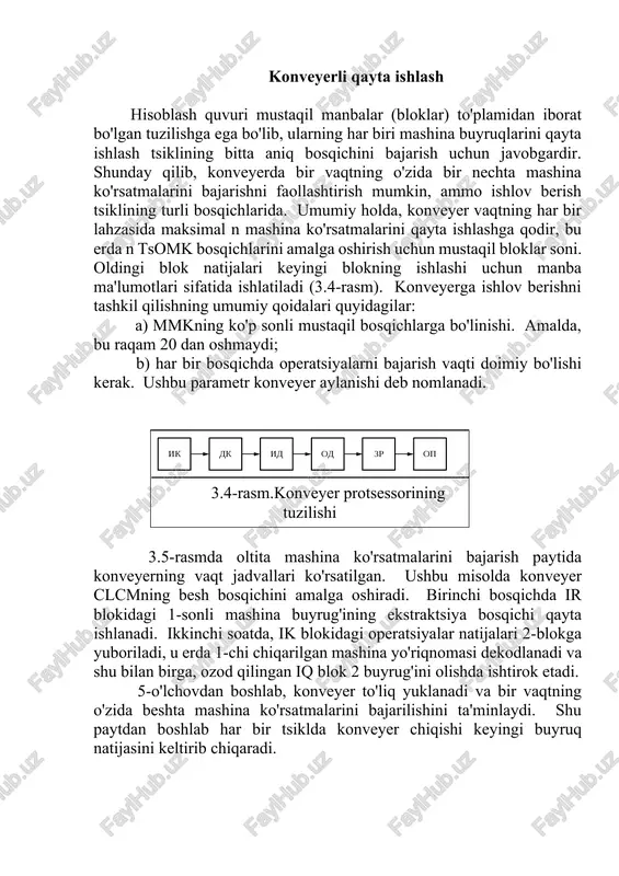 qarilgan mashina yo'riqnomasi dekodlanadi va shu bilan birga, ozod qilingan iq blok 2 buyrug'ini olishda ishtirok etadi. 5-o'lchovdan boshlab, konveyer to'liq yuklanadi va bir vaqtning o'zida beshta mashina ko'rsatmalarini bajarilishini ta'minlaydi. shu paytdan boshlab har bir tsiklda konveyer chiqishi keyingi buyruq natijasini keltirib chiqaradi. biroq, konveyerning ishlashi paytida, mashina ko'rsatmalarining muntazamligini buzadigan yoki xatolarga olib keladigan mojarolar (xavflar) paydo bo'lishi mumkin. men xavflarning uch turini ajrataman: 4.5-rasm. quvur liniyasi protsessorining vaqt diagrammasi a) bir nechta bloklar bir vaqtning o'zida bir xil kompyuter tizimining resurslariga kirishga harakat qilishganda paydo bo'ladigan tizimli; b) turli xil ma'lumotlar guruhlarining o'zaro bog'liqligi mavjud bo'lganda ma'lumotlar xavfi. turli xil buyruqlarda o'qish va yozishlarni sinxronlashtirilmaganligi sababli ma'lumotlardan noto'g'ri foydalanish mumkin; c) shartli filial ko'rsatmalari mavjud bo'lsa, keyingi buyruqni tanlashda noaniqlik natijasida menejment xavfi. xavf bilan bog'liq xarajatlar qaror algoritmlarini oqilona tashkil etish, mumkin bo'lgan mojarolarni kuzatuvchi va ularni sun'iy ravishda yo'q qiladigan kompilyatorlarning imkoniyatlari, shuningdek, oldingi natijalar …