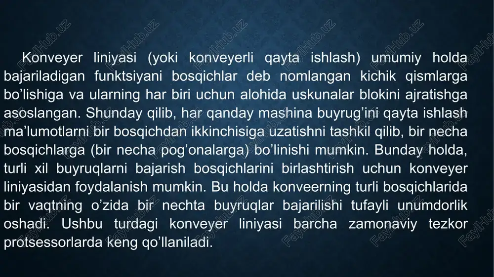 ilish; manzilni generatsiyasi, bu jarayonda operandalarning xotiradagi manzillari aniqlanadi; armq (arifmetik mantiqiy qurilma) yordamida operatsiyani bajarish; natijalarni xotiraga yozish (manzil maʼlum bir mashina buyrugʼi bilan aniqlanadi). konveyer buyruqni qayta ishlashni yoki protsessor siklini mikrobuyruqlar deb ataladigan bir necha asosiy bosqichlarga boʼlish mumkin. har bir operatsiyani bajarish uchun protsessorning generator taktiga teng vaqt talab etiladi. konveyerizatsiya buyruqlarni koʼp oqimli parallel qayta ishlash orqali amalga oshiradi, yaʼni har bir momentda buyruqlardan biri oʼqiladi, ikkinchisi dekodirovka qilinadi va hokazo va bir vaqtning oʼzida jami beshta buyruq qayta ishlanish jarayonida qatnashadi. shunday qilib, konveyer liniyasi chiqishida har bir protsessor taktida bitta buyruqni qayta ishlash natijasi paydo boʼladi (taktda bitta buyruq). birinchi koʼrsatmani beshta mikro buyruqlar bajarilgandan soʼng bajarilgan deb hisoblash mumkin. ushbu buyruqlarni qayta ishlash texnologiyasi konveyeri qayta ishlash deb ataladi. qurilmaning har bir qismi konveyer bosqichi deb ataladi va bosqichlarning umumiy soni konveyer liniyasining uzunligi deb ataladi. konveyer liniyalari sonining koʼpayishi va chiziqdagi …