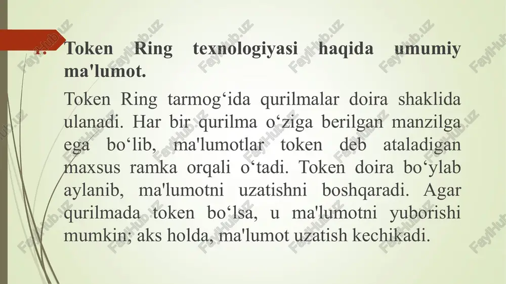 . token ringning o‘rnini bosgan texnologiyalar ethernet: 10base-t, 100base-tx, 1gbe va boshqa ethernet standartlari, yuqori tezlik, kengaytirilgan imkoniyatlar va arzon narxlar bilan token ringni almashtirdi. wi-fi: simsiz tarmoqlar ham o‘rta darajadagi foydalanuvchilar va bizneslar uchun raqobatlashadigan alternativalar sifatida ishlatiladi fibre channel: bu yuqori tezlikdagi tarmoq texnologiyasidir, asosan saqlash tarmoqlari (san)da ishlatiladi. token ringning yuksalishi va pasayishining asosiy sabablari, texnologiyaning o‘zgarmaydigan uzatish tezligi va ba'zi holatlarda arzon ethernetning ustunliklaridir. biroq, uni o‘rganish va o‘zaro taqqoslash, texnologiyaning tarixini tushunish va uning yutuqlari haqida ma'lumot olish foydalidir.