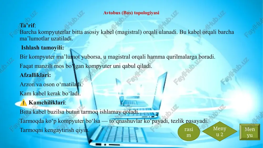 lanadi. turlari: utp (unshielded twisted pair) – himoyalanmagan (eng keng tarqalgan) stp (shielded twisted pair) – himoyalangan (shovqinga chidamli) afzalliklari: arzon va oson o‘rnatiladi. keng tarqalgan. egiluvchan — devorlar va burchaklardan o‘tkazish qulay. ⚠️ kamchiliklari: signal uzoq masofada yo‘qoladi. kuchli elektromagnit shovqinli joylarda stp kerak bo‘ladi. tajriba menyu2 menyu ulanish usuli: rj-45 konnektor orqali ulanadi. kabelning uchi maxsus press (crimping tool) yordamida ulagichga kiritiladi. ethernet kabeli straight (to‘g‘ri) yoki crossover (teskari) tartibda ulanishi mumkin: straight – kompyuterdan switchga ulash crossover – kompyuterdan kompyuterga bevosita ulash (hozir kam ishlatiladi) kategoriya tezlik masofa cat 5 100 mbit/s 100 m gacha cat 5e 1 gbit/s 100 m gacha cat 6 10 gbit/s 55 m gacha cat 7 10 gbit/s+ 100 m gacha menyu menyu2 orqaga pc pc rj45 switch rj45 optik tolali kabel (fiber optic cable) ta’rif: bu kabel turi shisha yoki plastmassa tolalar orqali yorug‘lik signalini uzatadi. zamonaviy yuqori tezlikdagi tarmoqlarda ishlatiladi. …