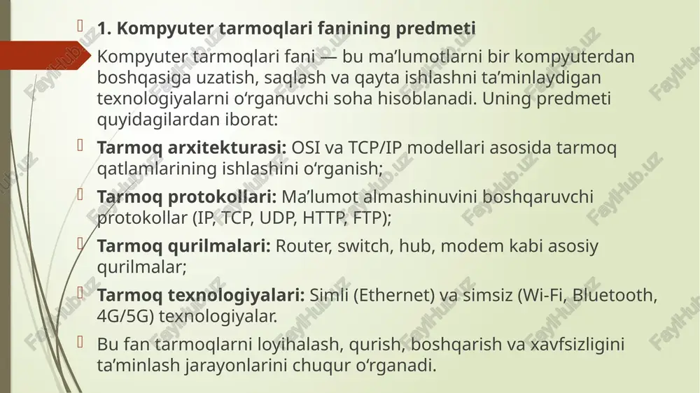 olish, yuklash va masofaviy serverlarda boshqarishlari mumkin. ftp odatda tcp/ip tarmog'ida ishlaydi va u xavfsiz (ftps yoki sftp) yoki xavfsiz bo'lmagan (oddiy ftp) bo'lishi mumkin. 2. kompyuter tarmoqlari fanining maqsadi kompyuter tarmoqlari fanining asosiy maqsadi — ma’lumotlarni ishonchli, xavfsiz va samarali tarzda uzatishni ta’minlaydigan tizimlarni yaratish va boshqarishni o‘rgatishdir. samaradorlikni oshirish: ma’lumot uzatish tezligi va ishonchliligini ta’minlash; tarmoq xavfsizligi: ma’lumotlarni ruxsatsiz kirish va zararli hujumlardan himoya qilish; tarmoqlarni optimallashtirish: resurslardan optimal foydalanish, yuklamalarni balanslash; global integratsiya: internet texnologiyalari orqali dunyo miqyosida axborot almashuvini rivojlantirish. bu maqsadlar orqali foydalanuvchilar va tashkilotlar o‘z axborot tizimlarini samarali boshqarishi mumkin. 3. kompyuter tarmoqlari fanining vazifalari kompyuter tarmoqlari quyidagi muhim vazifalarni bajaradi: tarmoq loyihalash: turli topologiyalar asosida samarali tarmoqlar yaratish; tarmoq qurilmalari va protokollarini boshqarish: router va switchlarni sozlash, protokollarni optimallashtirish; tarmoq xavfsizligini ta’minlash: kriptografiya, xavfsizlik devorlari (firewall), vpn (virtual private network) — (virtual shaxsiy tarmoq) texnologiyalarini joriy etish; tarmoq monitoringi va diagnostikasi: trafikni tahlil …