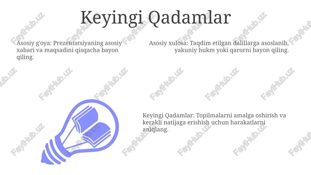 shtiring. asosiy g'oya nima? asosiy xulosangizni asosiy topilmalaringiz va dalillaringizni qisqacha bayon qilib shakllantiring. taqdimotingizning asosiy g'oyasi tinglovchilaringiz eslab qolishlarini xohlaydigan asosiy xulosangizdir. taqdimotingizning asosiy g'oyasi tinglovchilaringiz eslab qolishlarini xohlaydigan asosiy xulosangizdir. asosiy g'oyangizni qo'llab-quvvatlash asosiy xulosani shakllantirish: asosiy fikrlaringizni qisqacha bayon qiling va kuchli harakatga chaqirish bilan asosiy g'oyangizni qayta bayon qiling. asosiy fikringizni qo'llab-quvvatlash: dalillar, misollar va ma'lumotlar bilan bahsingizni mustahkamlang. taqdimotning asosiy g'oyasi: tinglovchilarga tushuntirmoqchi bo'lgan markaziy fikr yoki xabar. xulosa turlari xulosa turlari: xulosa qilish, tavsiya, harakatga chaqirish. xulosa shakllantirish: asosan g'oya takrorlanadi, asosiy fikrlar qisqacha bayon qilinadi va uzoq muddatli ta'sir qoldiriladi. asosiy g'oya: taqdimotingizning markaziy xabari. xatoliklardan qochish kerak. asosiy fikr: o'z argumentlaringizni va ularni qo'llab-quvvatlovchi dalillarni aniq taqdim eting. xulosa shakllantirish: asosiy fikrlarni umumlashtirish, bahsingizni qayta bayon qilish va amaliy tavsiyalar berish. umumiy xatolar: aldamchi vizual materiallar, dalillar yetishmasligi, qarama-qarshi fikrlarni e'tiborsiz qoldirish. e'tiboringiz uchun rahmat @taqdimot_robot image1.jpeg image2.jpeg image3.jpeg