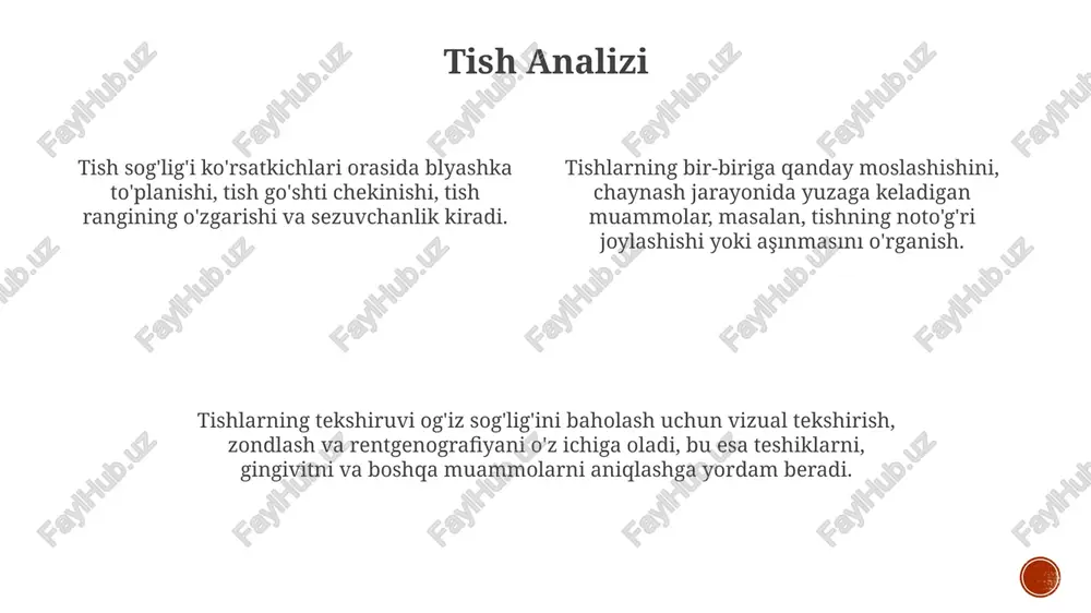 skriningi tish tekshiruv usullari: tish tarixi, klinik tekshiruv va rentgenografiya. og'iz saratoni skriningi: og'iz, til va tomoqni har qanday anormalliklarga vizual tekshirish. og'iz saratonining belgiları: oq yoki qizil dog'lar, tuzalmaydigan yaralar, shishlar va yutish qiyinligi. tish tishlamasini tekshirish ko'rsatkichlar orasida tishlarning chirish, gingivit, og'iz bo'shlig'i saratoni va tishlash muammolari mavjud. tish tekshiruvlari ko'z bilan ko'rish, palpatsiya va og'iz sog'lig'ini baholash uchun asboblardan foydalanishni o'z ichiga oladi. tishlarning chaynash vaqtidagi joylashuvi va funktsiyasini baholash. e'tiboringiz uchun rahmat @taqdimot_robot image1.png image2.png image3.png image4.png image5.png image6.png