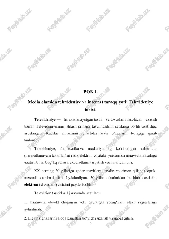 boshlandi. 1957-yilda oʻzbekiston radioeshittirish va televideniye qoʻmitasi tashkil etildi, qoʻmita 1992-yil 7-yanvarda oʻzbekiston davlat teleradioeshittirish kompaniyasiga, oʻzbekiston prezidentining 1996-yil 7-maydagi farmoni bilan esa oʻzbekiston teleradiokompaniyasi (“oʻzteleradio”) ga aylantirildi. “oʻzteleradio” ommaviy axborot vositalarining muassasasi, tahririyati, tarqatuvchisi va noshiri huquqlariga ega boʻldi. “uzteleradio”ning qoraqalpogʻiston respublikasida, viloyatlarda hududiy (mintaqaviy) boʻlimlari mavjud. hozirda, oʻzbekistonda ko‘plab telekanallar faoliyat yuritmoqda. “oʻzteleradio” jahondagi koʻpgina yirik telekompaniyalar bilan, jumladan, amerikaning cnn, germaniyaning dw, yaponiyaning nhk, tbs, fuji, koreyaning kv5, turkiyaning trt, rossiyaning yetakchi telekompaniyalari bilan keng tarmoqli aloqalarga ega. televideniye paydo boʻlishi bilan ommaviy axborot vositalari tizimida sifat oʻzgarishi yuz berdi — insoniyat ijtimoiy hayot voqealarini bevosita koʻrish imkoniyatiga ega boʻldi, ijtimoiy ong bilan ijtimoiy borliq oʻrtasida eng qisqa va qulay yoʻl barpo etildi, inson ongiga va his-tuygʻusiga taʼsir etishning ishonchli vositasi vujudga keldi. 1928-yilning 4-avgust kuni teletasvirni uzatuvchi apparat koʻchaga oʻrnatildi. «xiva» kinoteatri oldiga oʻrnatilgan telemajmuaning tasvirni qabul qiluvchi qismida oʻtib ketayotgan tramvay koʻrindi. bu dunyoda birinchi …