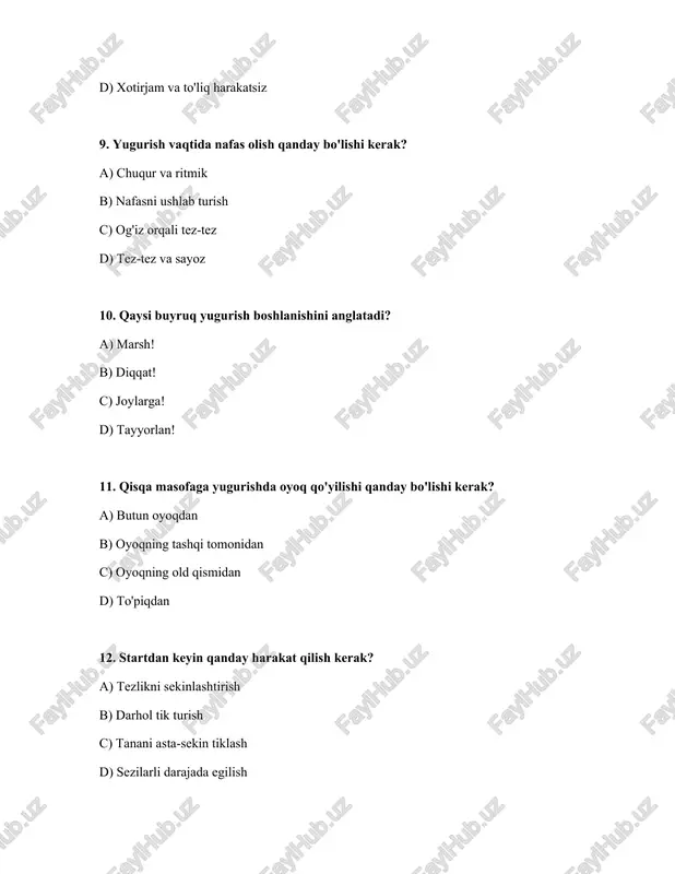 br b) uzoq vaqt yugurish c) kuch, tezlik, chaqqonlik d) egilib yugurish 23. start kolodkalari yuguruvchiga qanday yordam beradi? a) uzoqroq masofaga yugurishga b) joyida sakrashga c) tezlikni kamaytirishga d) boshlang'ich tezlikni oshirishga 24. qaysi mashqlar qisqa masofaga yuguruvchilar uchun foydali? a) sprint mashqlari va tezlikni oshirish mashqlari b) og'ir atletika mashqlari c) uzoq masofaga yugurish d) suzish 25. start chizig'i nima uchun kerak? a) yuguruvchilar yugurishni boshlaydigan joy b) tomoshabinlar uchun joy c) yuguruvchilar uchun dam olish joyi d) uzoq masofani belgilash uchun javoblar: № javoblar 1 a 2 d 3 d 4 a 5 d 6 b 7 b 8 c 9 a 10 a 11 c 12 c 13 b 14 b 15 b 16 b 17 a 18 a 19 c 20 c 21 d 22 c 23 d 24 a 25 a /docprops/thumbnail.jpeg