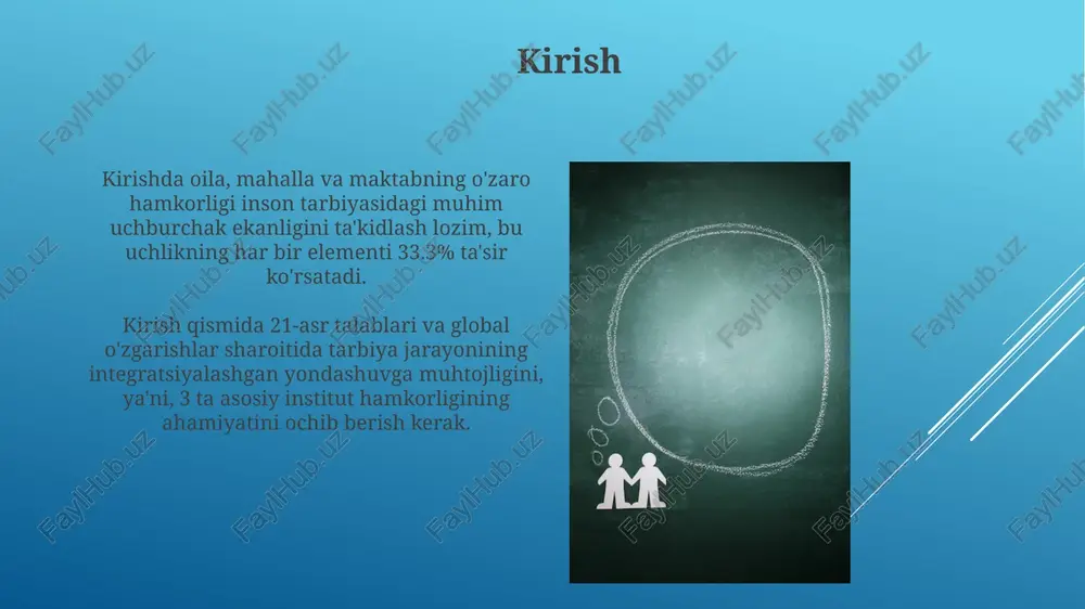 r. muammoli vaziyatlar va ularning yechimlari oiladagi muammoli vaziyatlar, masalan, tarbiyadagi kelishmovchiliklar, ota-onalarning 14-18 yoshdagi o'smirlar bilan munosabatlaridagi qiyinchiliklar orqali namoyon bo'ladi, yechimi esa oilaviy psixolog bilan ishlashdir. mahalladagi muammolar, masalan, voyaga yetmaganlar o'rtasida huquqbuzarliklar sonining ortishi, mahalla faollari, profilaktika inspektori va erta profilaktika inspektorining hamkorlikdagi faoliyati orqali bartaraf etiladi. ota-onalarning faolligi ota-onalarning faolligi ta’lim muassasalarida 70% ishtirok etishi, farzandlarning darslardagi muvaffaqiyatini 35% ga oshirishi mumkin, tadqiqotlar shuni ko'rsatadi. ota-onalar faoliyati maktab boshqaruvida 25% ovozga ega bo'lishi, o'quv dasturlarini takomillashtirishga va 15% ko'proq mablag' ajratishga imkon beradi. mahallaning jamoatchilik nazorati mahallaning jamoatchilik nazorati, o'zbekiston qonunchiligida, fuqarolarning o'zini o'zi boshqarish organi sifatida, mahalliy muammolarni hal etishda faol ishtirok etishini ta'minlaydi. jamoatchilik nazorati orqali mahalla aholisi, 393-sonli qonunga muvofiq, byudjet mablag'larining sarflanishi va davlat dasturlari ijrosini nazorat qilish huquqiga ega. maktabda sog'lom muhit yaratish maktabda sog'lom muhit uchun “do'stona maktab” dasturi, bullyingning oldini olish, o'quvchilar o'rtasida 95% ishonch va hurmat muhitini yaratishga …