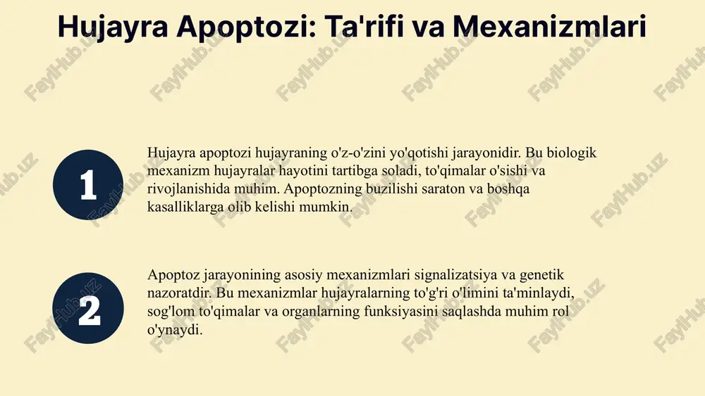 larida hujayra o'limi, masalan, organogenez va to'qima shakllanishida, muhim rol o'ynaydi. noto'g'ri rivojlangan hujayralar olib tashlanib, normal organlar shakllanadi. apoptoz va kasalliklar apoptozning kasalliklar bilan bog‘liqligi saraton va autoimmun kasalliklarda hujayra o‘limining buzilishi, apoptotning normadan chetga chiqishi kasalliklarning rivojlanishiga olib keladi. autoimmun kasalliklarda immun hujayralarning noto‘g‘ri o‘lishi yoki faoliyatining oshishi kasallikning rivojlanishiga hissa qo‘shadi. terapevtik imkoniyatlar va muhimligi apoptosni boshqarish uchun dori vositalari ishlab chiqilmoqda, masalan, saratonda hujayra o‘limini rag‘batlantiruvchi dorilar. hujayra o‘limi kasalliklarni davolashda muhim rol o‘ynaydi, bu esa patologik o‘sishni oldini olish va sog‘liqni saqlash uchun asosiy omil hisoblanadi. apoptoz va kasalliklar apoptozning kasalliklar rivojlanishidagi roli katta. onkologiyada, masalan, o'sma hujayralarining o'limi muhim bo'lib, u kasallikning yomonlashuvi yoki yaxshilanishiga ta'sir qiladi. shuningdek, yurak xuruji va neurodegenerativ kasalliklarda apoptoz jarayonining o'zgarishi kuzatiladi. o'zaro bog'lanish kasalliklar davomida apoptoz jarayonining faoliyati o'zgaradi. masalan, surunkali stress va yallig'lanish jarayonlari, hujayralarning apoptosisini kamaytirib, kasalliklar rivojlanishini tezlashtirishi mumkin. boshqa hollarda, suiste'mol yoki shikastlanishlar bilan …
