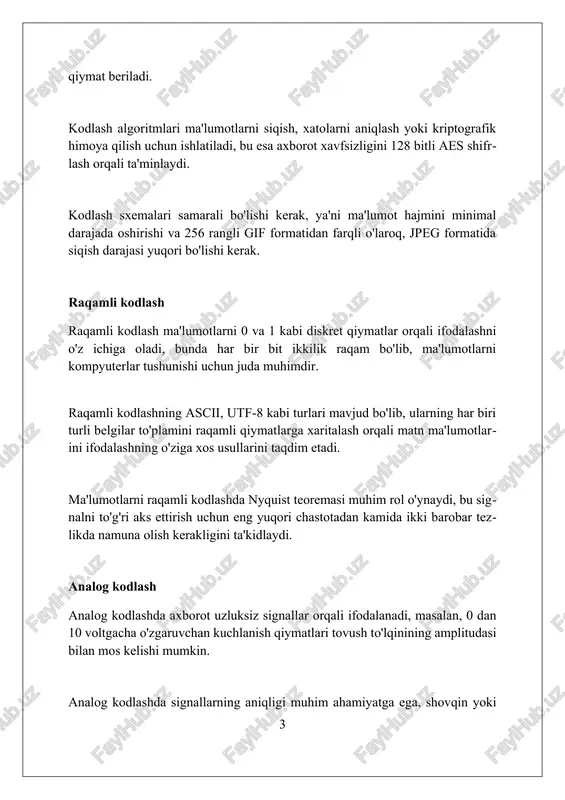 dalanadi, bunda matn oddiy ko'rinishdan 128 bitli kalit yordamida o'qib bo'lmaydigan shifr matniga aylanadi. zamonaviy shifrlash usullari, masalan, aes-256, ma'lumotlarni himoya qilish uchun 256 bitli kalitlardan foydalanadi, bu esa buzish uchun astronomik miqdordagi kombinatsiyalar yaratadi. shifrlash simmetrik (masalan, des) va asimmetrik (masalan, rsa 2048) bo'lishi mumkin, bunda simmetrik shifrlashda bitta kalit ishlatiladi, asimmetrik shifrlashda esa ikkita kalit, ochiq va yopiq kalit ishlatiladi. xatolarni tuzatish kodlari xatolarni tuzatish kodlari ma'lumotlarni saqlashda va uzatishda bitlarning xatolarini aniqlash va tuzatish uchun ishlatiladi, masalan, reed-solomon kodlari diskda 255 baytgacha xatolarni tuzatishi mumkin. hemming kodlari, xatolarni tuzatish kodlarining asosiy turlaridan biri bo'lib, 7 bitli ma'lumotlar uchun 4 ta paritet bitini qo'shib, 1 bitlik xatolarni aniqlaydi va tuzatadi. crc (siklik ortiqchalik tekshiruvi) kodlari, xatolarni aniqlashning samarali usuli bo'lib, 32 bitli crc kodi odatda ethernet kabi ma'lumotlar uzatish protokollarida qo'llaniladi. huffman kodlash huffman kodlash – bu ma'lumotlarni siqish algoritmi bo'lib, har bir belgining paydo bo'lish chastotasiga asoslangan …