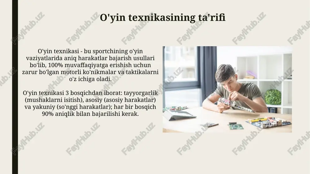 va diqqatni to'g'ri shaklga qarating. texnikani o'yinda qo'llash texnikani o'yinda qo'llashda 70% muvaffaqiyat o'yinchi pozitsiyasi, 20% harakat tezligi va 10% aniqlik bilan belgilanadi, optimal natijaga erishish uchun. o'yin texnikasi, masalan, 'feint' yoki 'dribling', 5-7 qadam oldin rejalashtirilishi kerak, bu raqibni chalg'itish va ustunlik yaratishga yordam beradi. texnikani tahlil qilish texnikani tahlil qilishda 360 gradusli videolardan foydalanish, o'yinchining pozitsiyasi va harakatlarini to'liq baholash imkonini beradi, bu esa 90% aniqlikdagi taktik xatolarni aniqlashga yordam beradi. o'yin texnikasini tahlil qilish uchun 12 ta biomekanik ko'rsatkichni o'rganish, harakatlardagi optimal parametrlarni aniqlash va o'yinchi samaradorligini 25% ga oshirishga yordam beradi. e'tiboringiz uchun rahmat image1.png image2.jpg image3.jpg image4.jpg image5.jpg image6.jpg image7.jpg image8.jpg image9.jpg image10.jpg image11.jpg image12.jpg image13.jpg