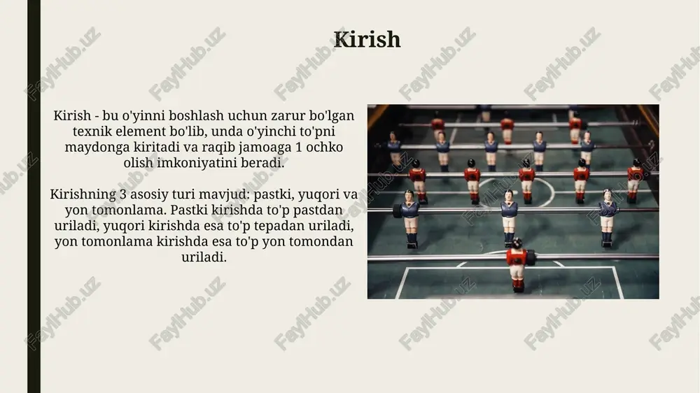 i tomonidan bajariladigan bloklash kombinatsiyasi yoki himoya sxemalari orqali amalga oshiriladi, muvofiqlashtirilgan harakat muhim rol o'ynaydi. maxsus vaziyatlar taktikasi (taym-aut, almashtirish) taym-autlar har bir jamoaga har bir setda 2 ta beriladi, murabbiy ularni o'yinning istalgan vaqtida, to'p o'yinda bo'lmagan paytda so'rashi mumkin, bu esa o'yin ritmini buzishga yordam beradi. almashtirishlar har bir jamoaga har bir setda 6 ta ruxsat etiladi, jarohat olgan o'yinchini almashtirish yoki taktik maqsadlarda, masalan, blok qo'yish yoki hujum qilish qobiliyatini kuchaytirish uchun ishlatiladi. xulosa xulosa shuni ko'rsatadiki, voleybol texnikasi va taktikasi 6 ta asosiy yo'nalish bo'yicha tasniflanadi, jumladan, xizmat qilish, qabul qilish, o'rnatish, hujum, bloklash va himoya. o'yinning samaradorligini oshirish uchun har bir o'yinchi 4 ta asosiy ko'nikmaga, jumladan, texnik mahorat, taktik tushuncha, jismoniy tayyorgarlik va psixologik barqarorlikka ega bo'lishi kerak. e'tiboringiz uchun rahmat image1.png image2.jpg image3.jpg image4.jpg image5.jpg image6.jpg image7.jpg image8.jpg image9.jpg image10.jpg image11.jpg image12.jpg image13.jpg