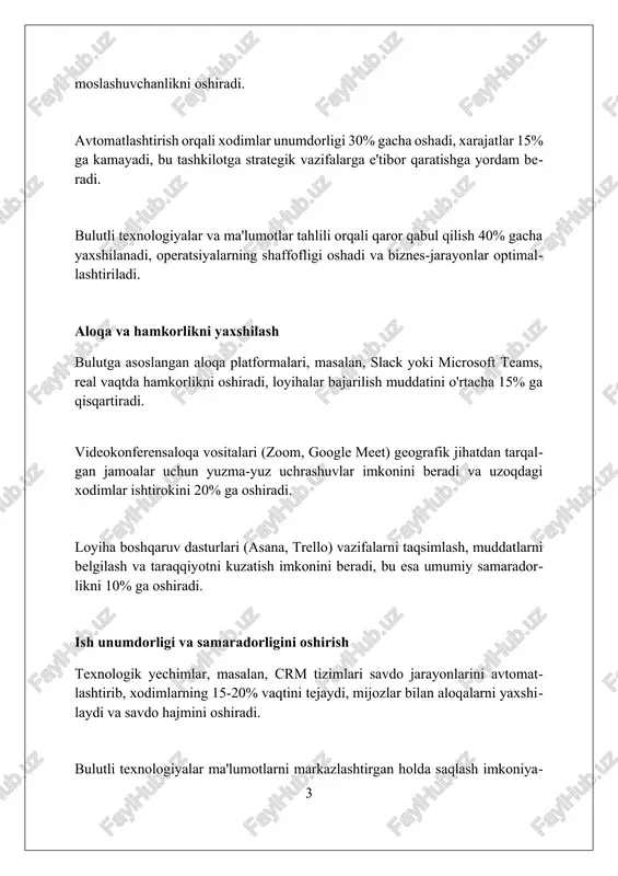 niyatini beradi, chunki ma'lumotlarni tahlil qilish, trendlarni aniqlash va bashorat qilishda yordam beradi, shu bilan risklarni kamaytiradi. ma'lumotlar vizualizatsiyasi va biznes razvedkasi (bi) vositalari orqali 90% aniqlik bilan qarorlar qabul qilishga yordam beradi, bu esa murakkab ma'lumotlarni tushunarli shaklda taqdim etadi. bulutli hisoblash va hamkorlik platformalari qarorlarni qabul qilishda ishtirok etuvchi tomonlar o'rtasida 60% tezroq va samarali kommunikatsiyani ta'minlaydi, shuningdek, real vaqt rejimida fikr almashinuvni osonlashtiradi. innovatsiyalar va raqobatbardoshlik innovatsiyalar korxonalarga mahsulot sifatini 25% ga oshirishga yordam beradi, bu esa raqobatbardoshlikni mustahkamlaydi va 15% bozor ulushini oshiradi. texnologik innovatsiyalar tufayli ishlab chiqarish xarajatlari 20% ga kamayadi, bu esa kompaniyalarga narxlarni raqobatchilarnikidan pastroq qilishga imkon beradi. raqamli innovatsiyalar, masalan, ai va big data, tashkilotlarga mijozlar ehtiyojlarini 30% ga yaxshiroq tushunishga va xizmatlarni moslashtirishga yordam beradi. texnologiya xavfsizligi va maxfiyligi texnologiya xavfsizligi kontekstida, ikki faktorli autentifikatsiya (2fa) kabi usullar ma'lumotlarning buzilishini kamaytirish va maxfiylikni ta'minlash uchun muhim ahamiyatga ega. ma'lumotlarni shifrlash, ayniqsa …