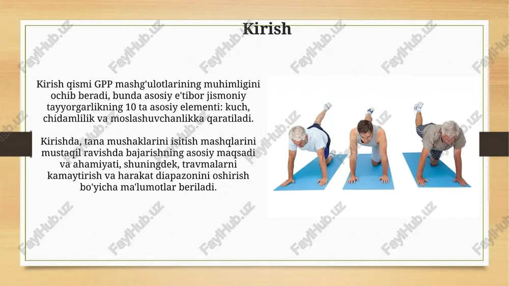 u mushaklarni faollashtiradi. dasturni rejalashtirishda, mashq turiga e'tibor bering: og'ir atletika uchun kuchga qaratilgan, yugurish uchun esa, oyoqlarning moslashuvchanligini oshiradigan isitish mashqlarini tanlang. xavfsizlik choralari va e'tiborga olish kerak bo'lgan jihatlar har bir mashqni boshlashdan oldin, 5-10 daqiqa davomida umumiy qizdirish va dinamik cho'zilishlarni amalga oshiring, bu mushaklarni jarohatlardan himoya qiladi. mashqlarni to'g'ri bajarish texnikasiga e'tibor bering. notog'ri texnika mushaklarning zo'riqishi va bo'g'imlarning shikastlanishiga olib kelishi mumkin, shuning uchun ehtiyot bo'ling. xulosa jismoniy tayyorgarlikning umumiy darajasi, 8-12 hafta davomida mustaqil mashq qilish orqali, mushaklarning moslashuvchanligi va funktsional harakatlanish qobiliyatini oshiradi. mustaqil isinish mashqlari, 60-70% intensivlikda bajarilganda, mushaklarning qon bilan ta'minlanishini yaxshilaydi va 15-20%ga jarohat olish xavfini kamaytiradi. e'tiboringiz uchun rahmat image8.jpg image9.jpg image10.jpg image11.jpg image12.jpg image13.jpg image14.jpg image15.jpg image16.jpg image17.jpg image18.jpg image19.jpg image3.png image4.png
