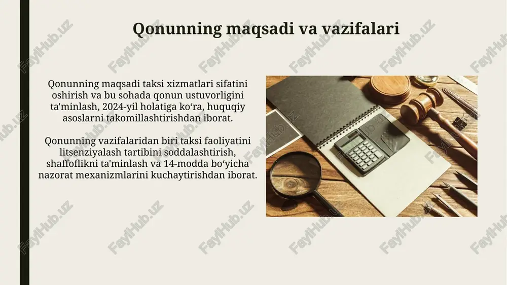 enziat qonunbuzilishlarni bartaraf etmasa, litsenziya bekor qilinadi. litsenziya soxta hujjatlar asosida olingan bo'lsa, 10 kun ichida bekor qilinishi mumkin, bu litsenziyani noqonuniy qiladi. narxlarni shakllantirish taksilarda narxlar tariflar, masofa, vaqt va talab kabi omillarga asoslanadi. qisqa masofalar uchun minimal narxlar belgilanishi mumkin, lekin umumiy narx shaffof bo'lishi kerak. elektron platformalar orqali xizmat ko'rsatuvchi taksilarda narxlar algoritmik tarzda o'zgarishi mumkin, lekin bu o'zgarishlar oldindan mijozga ma'lum qilinishi va asosli bo'lishi lozim. yo'lovchilarning huquqlari va majburiyatlari yo'lovchi 10 kg gacha bo'lgan qo'l yukini bepul olib yurishga haqli, agar uning o'lchamlari 56x36x23 sm dan oshmasa va haydovchiga xalaqit bermasa. yo'lovchi taksi xizmatidan foydalanish uchun shartnoma tuzishga majbur, bu shartnoma xizmat narxi va marshrutni aniq belgilab qo'yadi, masalan, 10 daqiqada 5000 so'm. nazorat va javobgarlik qonunbuzilishlar uchun javobgarlik ma'muriy javobgarlik to'g'risidagi kodeksning 175-moddasida ko'rsatilgan. bu taksi xizmatini litsenziyasiz ko'rsatish bilan bog'liq jarimalarni o'z ichiga oladi. nazorat vakolatlari transport vazirligiga yuklatilgan. ular litsenziya talablariga rioya …