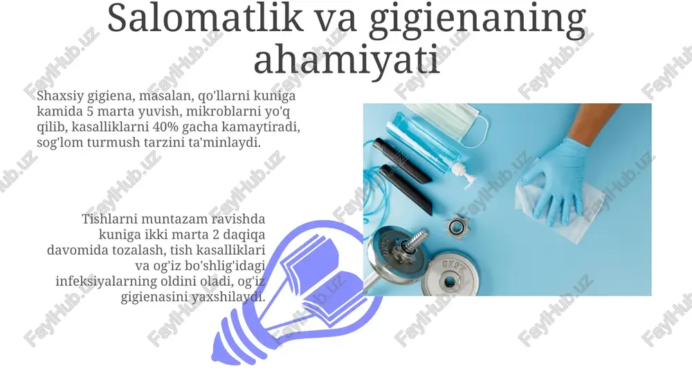 acha kamaytiradi. shuningdek, antiseptik vositalardan foydalanish ham muhim. jamoat hojatxonalarida gigienik qog'oz va qo'l quritgichlar bo'lishi shart. sanitariya normalari har 50 ta tashrif buyuruvchiga kamida 1 ta hojatxona moslamasini talab qiladi. kasalliklar va gigiena 01 02 kasalliklarni yuqtirishning oldini olish uchun qo'llarni kamida 20 soniya davomida sovun bilan yuvish juda muhim, ayniqsa ovqat tayyorlashdan oldin. sales 1st qtr 2nd qtr 100 0 sales 1st qtr 2nd qtr 100 0 gigiena qoidalari va bolalar bolalar ovqatlanishdan oldin va hojatxonadan keyin qo'llarini kamida 20 sekund davomida sovun bilan yuvishlari kerak, bu esa mikroblarni 99% gacha yo'q qiladi. tishlarini kuniga kamida ikki marta, 2 daqiqa davomida, ftoridli tish pastasi bilan tozalashlari zarur, bu tish emalini mustahkamlaydi va kariyesning oldini oladi. gigiena va immunitet gigiena qoidalariga rioya qilish, xususan, qo'llarni kuniga kamida 8-10 marta sovun bilan yuvish, infeksiyalarning tarqalishini 40% gacha kamaytirishi mumkin, immunitet tizimini himoya qiladi. immunitetni mustahkamlash uchun c vitaminini kuniga 500-1000 …