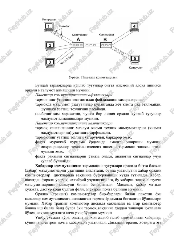 atish tezligi o'zgaruvchvn, barqaror emas. faqat murakkab qurilma yordamida amalga oshirishi mumkin, mikroprotsessor texnologiyasisiz paketli tarmoqni tashkil etish mumkin emas. faqat raqamli signallarni o'tkaza oladi, analogli signallar uchun qo'llab bo'lmaydi. xabarlar kommutatsiyasi tarmoqning tugunlari orasida bitta blokli (xabar) ma'lumotlarni uzatishni anglatadi, bunda uzatiluvchi xabar oraliq kompyuterlar disklarida vaqtincha buferlanishi ko'zda tutiladi. xabar, paketdan farqli o'laroq, ixtiyoriy uzunligiga ega, bu xabarni tashkil etuvchi ma'lumotlarning mazmuni bilan belgilanadi. masalan, xabar matnli hujjat, dastur kodi bo'lgan fayl, elektron pochta bo'lishi mumkin. oraliq (tranzit) kompyuterlar bir-birlari bilan paketli yoki kanallar kommutatsiyasiga asoslangan tarmoq yordamida bog'langan bo'lishlari mumkin. xabar tranzit kompyuter diskida saqlanadi va agar kompyuter boshqa ish bilan band bo'lsa yoki tarmoq vaqtincha haddan tashqari yuklangan bo'lsa, saqlash muddati ancha uzoq bo'lishi mumkin. ushbu sxemaga ko'ra, odatda darhol javob talab qilmaydigan xabarlar, ko'pincha elektron pochta xabarlari uzatiladi. diskdagi oraliq xotiraga ega uzatish rejimi "saqlash va oldinga yo'naltirish" (store-and-forward) rejimi deb nomlanadi. xabarlar kommutatsiyasi usuli …