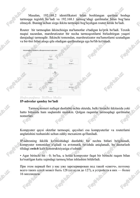 i o'nlik sanoq sistemada 2 soni), u holda ip adres o'rta xajmdagi tarmoqqa tegishli bo'lib, unga ko'rsatgich sifatida ikki sondan foydalanadi. u takogo adresa uje zarezervirovano dva pervix bita, a znachit, dlya nomera seti ostayotsya tolko 14 bitov — eto bolee 16 tisyach setey i bolee 65 tisyach ustroystv. bunday adresga navbatdagi ikki bit rezervlangan (zahiraga olingan) bo’lsa , demak tarmoq nomeri uchun atigi 14 bit qoladi - bu esa16 mingdan ortiq tarmoq va 65 mingdan ortiq qurilmalardir. izobrajenie: skillbox media · agar dastlabki uchta bit 1102 bo'lsa, u holda kompyuter kichik xajmdagi tarmoqdan ip-adresni olgan bo'lib, unga faqat dastlabki uchta son ko'rsatgichlar sifatida ishlatiladi. · jami ikki milliondan ortiq bunday tarmoqlar mavjud va ularning har birida 256 ta ulangan qurilmalari mavjud. qiymatlar diapazoni 192.0.0.0 dan 223.255.255.0 gacha (223, chunki bizda uchta bit avvaldan rezervlangan (ajratilgan). izobrajenie: skillbox media ushbu turdagi ip adreslarning barchasi o'z nomlariga ega: a, b va …