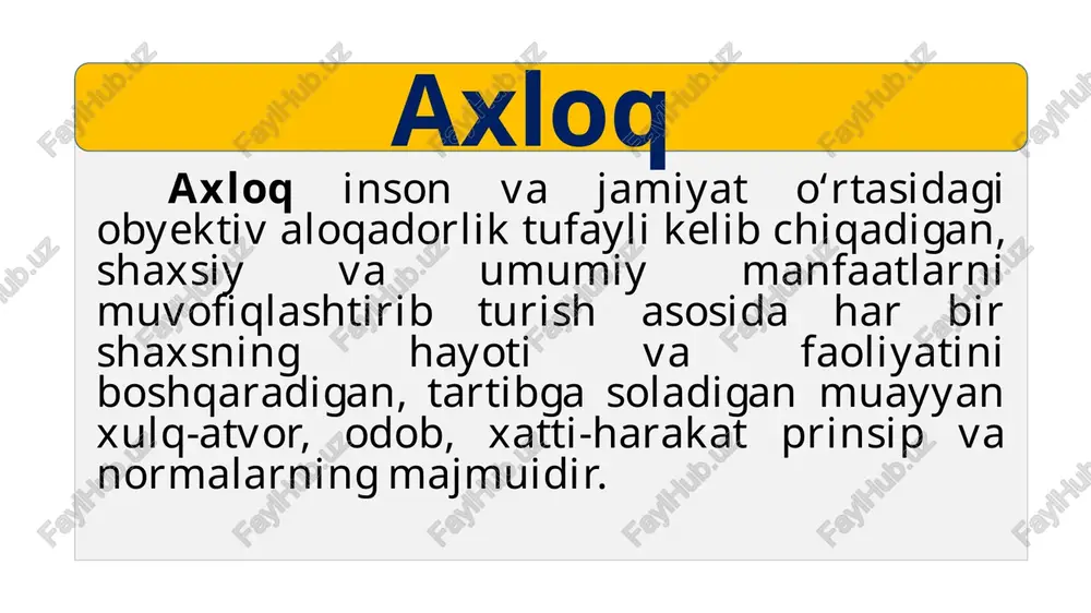 ariga rioya qilish - odobdir. odob axloqiy fazilatlarni insonning kundalik faoliyatiga singib borayotganini ko‘rsatuvchi mezondir. (odob) hamda jamiyat qabul qilgan axloq normalarini inson faoliyatida, xatti - harakatida, muomala va muloqotida namoyon bo‘lishidir. insoniyat paydo bo‘libdiki, muayyan odob doirasida bo‘lishga, yaxshi nom qoldirishga intiladi. insonning eng yaxshi fazilatlari nasl-nasabi, bilimi bilan emas, balki odobi bilan belgilanadi. bejizga mutafakkir abu mansur as saolibiy : “har bir kishi o‘ziga qarab ta’rif qilinsa, ishiga qarab tavsiflanadi, maqtaladi. fazilat nasl- nasab bilan emas, aql-adab bilandir” 1 - deb bejiz aytmagan. odoblilik “luqmon hakimdan: “odobni kimdan o‘rganding?” deb so‘radilar. luqmon javob berdi: “odobni beodoblardan o‘rgandim, ularning harakatlaridagi menga maqbul bo‘lmagan narsalardan o‘zimni saqladim!” biror esli kishiga hatto hazil so‘z aytsang, u shundan ham o‘ziga chiqaradi xulosa. ammo ahmoq kishiga yuzlab hikmat o‘rgatsang, barchasi uning uchun tuyular hazil narsa. axloqiy ong har bir insonning xatti-harakatlari uning ongi orqali boshqariladi. chunki, ong insonlarning olamni, ya’ni jamiyatni, tabiatni aks …