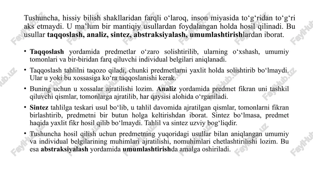 mustaqil, alohida mavjud bo‘lgan predmetlarni aks ettiradi. “davlat”, “badiiy asar” ana shunday tushunchalardir. nisbatdosh tushunchalar esa zaruriy ravishda bir-birining mavjud bo‘lishini taqozo qiladigan predmetlarni aks ettiradi. masalan, “o‘qituvchi” va “o‘quvchi”, “ijobiy qahramon” va “salbiy qahramon”, “sabab” va “oqibat” tushunchalari nisbatdosh tushunchalar qatoriga kiradi. ba’zi hollarda ijobiy va salbiy tushunchalar ham farq qilinadi. ijobiy tushunchalarning mazmunida predmet unga xos belgilar orqali fikr qilinsa, salbiy tushunchalarning mazmunida predmet unga xos bo‘lmagan belgilar orqali fikr qilinadi. masalan, “savodli kishi”, “vijdonli kishi” – ijobiy tushunchalar, “savodsiz kishi”, “vijdonsiz kishi” esa salbiy tushunchalardir. taqqoslanadigan tushunchalar umumiy belgilarga ega bo‘lgan, mazmuni va hajmi jihatidan bir-biriga yaqin turgan tushunchalardir. masalan, “paxtakor” va “dehqon” tushunchalari ana shunday taqqoslanadigan tushunchalar hisoblanadi. taqqoslanmaydigan tushunchalar esa bir-biri bilan uzoq aloqada bo‘lgan, ko‘p hollarda moddiy yoki ideal bo‘lishdan boshqa umumiy belgiga ega bo‘lmagan predmetlarni aks ettiruvchi tushunchalardir. “ijtimoiy progress” va “zuhro yulduzi”, “ideal gaz” va “go‘zallik” tushunchalari taqqoslanmaydigan tushunchalar hisoblanadi. mantiqda faqat …