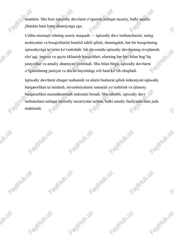 radi. o‘sish davrida ish o‘rinlari ko‘payadi, inqiroz davrida esa kamayadi. 2. iste’mol va talab — iqtisodiy davrlar iste’mol va talabning o‘zgarishi bilan chambarchas bog‘liqdir. rivojlanish bosqichida talab ortadi, inqiroz bosqichida esa pasayadi. 3. investitsiyalar va sarmoya oqimi — iqtisodiy davrning har bir bosqichi investorlarning qarorlariga ta’sir qiladi. cho‘qqi bosqichida sarmoya sur’atlari yuqori bo‘lishi mumkin, lekin pasayish davrida ular susayadi. 4. narxlar darajasi va inflyatsiya — iqtisodiy davrlar inflyatsion jarayonlarga bevosita ta’sir qiladi. masalan, o‘sish davrida inflyatsiya xavfi ortadi, inqiroz davrida esa narxlar barqarorlashadi yoki pasayadi. iqtisodiy davrlar o‘zgarishining sabablari turlicha bo‘lishi mumkin. ular ichida: · ichki iqtisodiy omillar: ishlab chiqarish samaradorligi, sarmoya hajmi, ish bilan bandlik, moliyaviy va fiskal siyosat; · tashqi iqtisodiy omillar: global iqtisodiyotdagi o‘zgarishlar, xorijiy sarmoya oqimi, savdo aloqalari; · tabiiy va texnologik omillar: resurslarning yetishmovchiligi, texnologik yangiliklar yoki tabiiy ofatlar. iqtisodiy davr tushunchasi makroiqtisodiyot nazariyasining markaziy tushunchalaridan biridir. u iqtisodiy jarayonlarni bashorat qilish, davlat siyosatini shakllantirish …