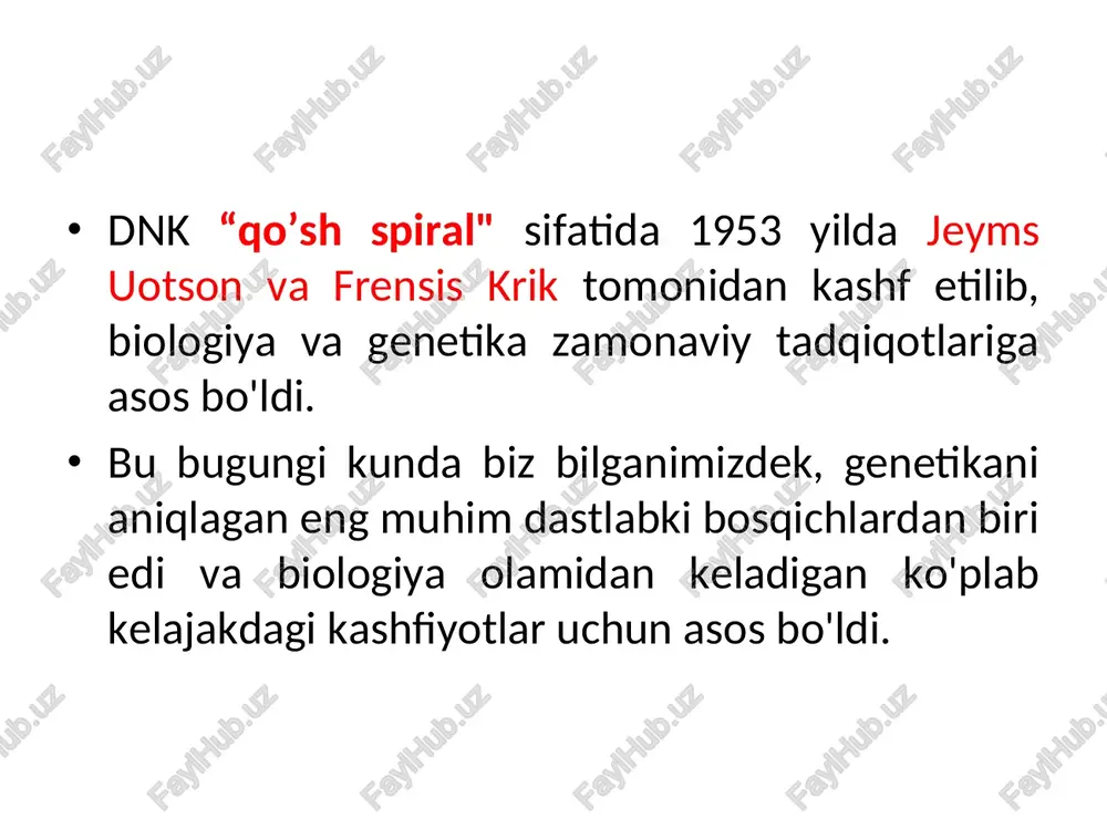 limlar uchun genetikani haykaltaroshlik qilgan fundamental yutuqlarni namoyish etadi. fiziologiya yoki tibbiyot bo'yicha nobel mukofoti pol berg rekombinant dnk, virusli xromosomalarga asoslangan vektorlar valter gilbert dnk ketma-ketligi - maxam-gilbert usuli frederik sanger insulinning tuzilishi dnk sekvensiyasi usuli "nuklein kislotalardagi asoslar ketma-ketligini aniqlashga qo'shgan hissasi uchun " 1972: rekombinant dnk (rdnk) yaratildi rdnkning kaliti shundaki, u boshqa organizmga sun'iy ravishda kiritilganiga qaramay, tabiiy ravishda ko'paya oladi va bu 1972 yilda stenli koen va gerbert boyerning yutug'i edi. atamalarning ta'rifi: "gen" gen - bu organizmning har qanday fenotipik xususiyatiga ta'sir qiluvchi genomning bir qismi bitta gen - bitta belgi. atamalarning ta'rifi: "genom" genom - xromosomalarning gaploid to'plamining barcha dnklari, ekstraxromosomali genetik elementlar va biologik turning jinsiy hujayrasi organellalarining yig'indisi. 1922 yilda g.vinkler tomonidan kiritilgan "genotip" atamasidan farqli o'laroq, individual emas, balki butun turning biologik xususiyati. genlarning ko'p miqdordagi allel variantlari va kodlanmagan ketma-ketliklari tufayli biz faqat biologik turning o'rtacha genomi haqida gapirishimiz …