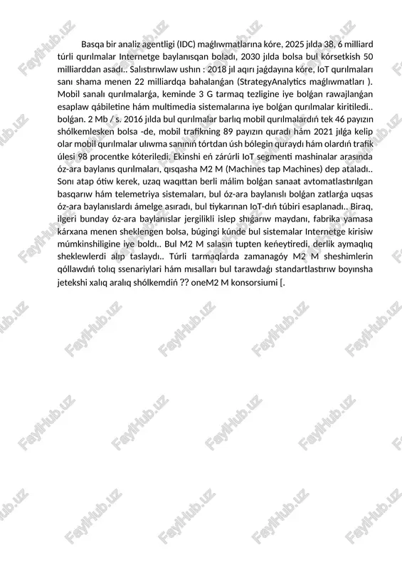 dúnyanı kompyuter sistemalarına integraciya qılıw múmkinshiligin jaratadı, nátiyjede qurılmalardıń natiyjeliligi, anıqlıǵı hám ekonomikalıq natiyjeliligin asıradı hám insan aralasıwın azaytadı. iot qurılmaları sensorlar hám drayverlar menen toldırilganda, iot texnologiyası sanalı tarmaqlar, sanalı úy, sanalı transport hám sanalı qala sıyaqlı texnologiyalardan paydalanıwshı kiberfizik sistemalardıń ulıwma klasına tiykar boladı.. hár bir zat óziniń ayriqsha identifikaciyasın óz ishine ornatılǵan kompyuter sisteması arqalı ámelge asıradı hám usınıń menen birge ámeldegi internet infratuzilmasi menen óz-ara baylanısda boladı.. internet of things (iot) sisteması hár qıylı qurılmalar hám olardıń paydalanıwshıları, sonday-aq mobil baylanıs arqalı onlayn baylanıs etedi.. eger texnologiya 1999 -jıldan beri ámeldegi bolsada, internet of things-qa bolǵan qızıǵıwshılıq ótken on jıl ishinde ósip bardı. ámeldegi texnologiyalar, platformalar hám sheshimler sanı jedel ósip barıp atır. sanaatda da iotga bolǵan qızıǵıwshılıq rawajlanıp atır : kompaniyalar iot-texnologiyaları múmkinshiliklerin aktiv úyrenip atırlar hám óz biznes processlerine qollamoqdalar. cisco kompaniyası analizchilarining prognozlarına kóre, 2023 jılǵa kelip rossiyadaǵı hár bir kisi ushın ortasha …