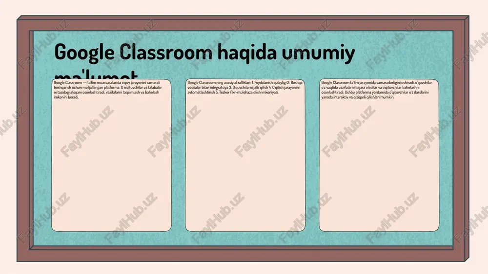adga erishish uchun biz bir nechta muhim vazifalarni belgilaymiz. maqsadlar: 1. o'quvchilarga google classroom platformasidan foydalanishni o'rgatish 2. pedagogik texnologiyalarni o'zlashtirish 3. o'qituvchilar va o'quvchilar o'rtasida samarali aloqa o'rnatish 4. ta'lim jarayonini interaktiv va qiziqarli qilish. o'qitish jarayonida qo'yiladigan vazifalar: o'quvchilar o'z bilimlarini amalda qo'llash uchun real hayotiy misollar bilan ishlashadi. masalan, o'quvchilar google classroomda loyiha yaratish jarayonida ishtirok etadilar. o'quv jarayoni uchun muhim vazifalar: - darslarni rejalashtirish va tashkil etish - o'quvchilar bilan muhokama o'tkazish - o'quvchilarni baholash va fikr bildirish - online resurslardan foydalanish. kursni baholash va takomillashtirish mexanizmlari kursni baholash: metodlar va yondashuvlar. ta'lim jarayonida o'quvchilarning yutuqlarini baholash muhim ahamiyatga ega. statistik ma'lumotlar o'quvchilarning o'zlashtirish darajasini aniqlash va o'qitish sifatini oshirish uchun asos bo'lib xizmat qiladi. o'zgarishlar va takliflar: kursni yanada takomillashtirish uchun o'quv dasturini yangilash, o'qituvchilarning malakasini oshirish va o'quvchilar bilan muntazam aloqa o'rnatish kabi chora-tadbirlar ko'rilishi zarur. photo by ave calvar on unsplash informatika o'qitish …
