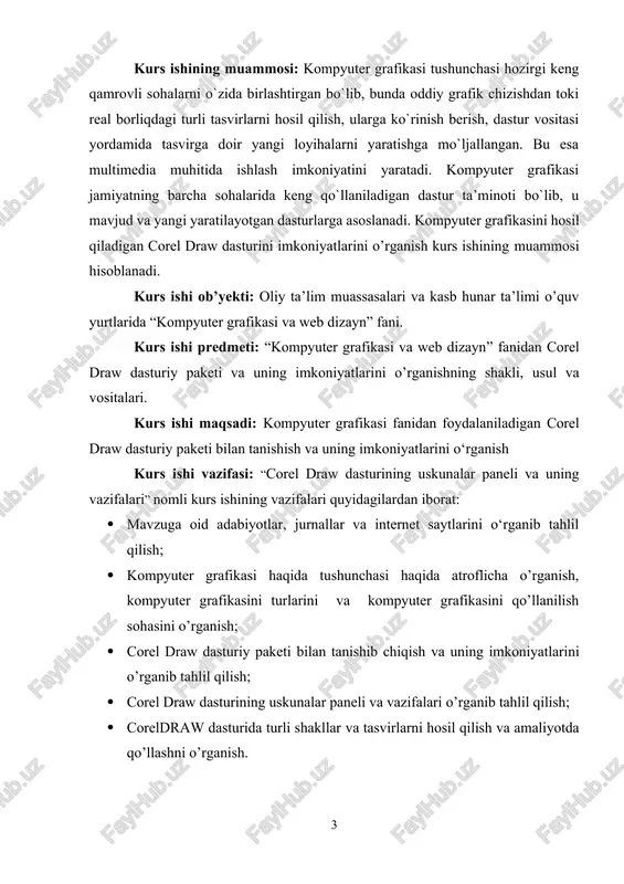 ar paneli va uning vazifalari” nomli kurs ishining vazifalari quyidagilardan iborat: · mavzuga oid adabiyotlar, jurnallar va internet saytlarini o‘rganib tahlil qilish; · kompyuter grafikasi haqida tushunchasi haqida atroflicha o’rganish, kompyuter grafikasini turlarini va kompyuter grafikasini qo’llanilish sohasini o’rganish; · corel draw dasturiy paketi bilan tanishib chiqish va uning imkoniyatlarini o’rganib tahlil qilish; · corel draw dasturining uskunalar paneli va vazifalari o’rganib tahlil qilish; · coreldraw dasturida turli shakllar va tasvirlarni hosil qilish va amaliyotda qo’llashni o’rganish. kurs ishining asosiy g‘oyasi: kompyuter grafikasi va web dizayn fanidan vektorli tasvirlat hosil qiluvchi corel draw dasturiy paketi imkoniyatlarini, uskunalar panelini vazifalarini o’rganib chiqish, tahlil qilish va corel draw dasturida soda shakllar va tasvirlarni hosil qilish. kurs ishining tuzilishi (tarkibi): kurs ishi kirish, asosiy qism, 4 ta paragraf, xulosa, foydalanilgan adabiyotlar ro‘yxati va ilovalardan iborat bo‘lib umumiy hajmi 30 betni tashkil qiladi. ii. asosiy qism 2.1. kompyuter grafikasi haqida tushunchasi kompyuter grafikasi — …