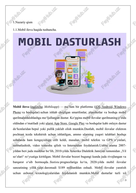 alik ehtiyojlarda, balki ta'lim, biznes, tibbiyot va moliyaviy xizmatlar kabi ko'plab sohalarda ham muhim rol o'ynaydi. ushbu maqolada biz mobil ilovalarni ishlab chiqish tahlili, ularning biznes va jamiyatdagi o'rni, shuningdek, so'nggi yillarda sodir bo'lgan muhim voqealarni ko'rib chiqamiz. · · · mobil ilovalarni ishlab chiqish 2008-yilda apple app store va google play store (o'sha paytda hali ham android market) ochilishi bilan tez sur'atlar bilan tezlasha boshladi. agar o'sha yili mobil ilovalar orqali foydalanish mumkin bo'lgan dasturlar soni 5000 dan ortiq bo'lsa, 2023-yilga kelib bu ko'rsatkich 5 milliondan oshdi. ushbu ilovalar ijtimoiy tarmoqlar, aloqa, sog'liqni saqlash, ta'lim va boshqa ko'plab sohalarda keng qo'llaniladi. · mobil ilovalar biznesdagi raqamli transformatsiya jarayonlarini tezlashtirdi. 2021-yilda alibaba mobil ilovasi orqali savdo hajmining 65% dan ortig‘ini yaratdi. bu raqam raqamli tijoratning muhimligini ko'rsatadi va biznesni mobil texnologiyalar yordamida qanchalik tez va samarali boshqarish mumkinligini aniq ko'rsatib beradi.alibaba nafaqat onlayn savdoda o'z imkoniyatlarini kengaytirdi, balki o'z ilovasi …