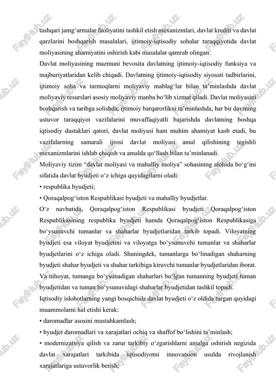 va zarur tarkibiy o‘zgarishlarni amalga oshirish negizida davlat xarajatlari tarkibida iqtisodiyotni innovatsion usulda rivojlanish xarajatlariga ustuvorlik berish; • soliqlarni umumdavlat va mahalliy soliqlarga bo‘lish tartibini qayta ko‘rib chiqish negizida mahalliy byudjetlar daromad bazasini kengaytirish; • byudjet defitsiti darajasini kamaytirish; • byudjet yordamida tartibga solish mexanizmini tako- millashtirish; • g‘aznachilik tizimi ishini takomillashtirish, byudjet mablag‘laridan samarali foydalanish ustidan nazoratni kuchaytirish va h.k. byudjetdan tashqari davlat maqsadli fondlari (davlat maqsadli fondlari) oldindan belgilangan ma’lum muddatlarda tuzilishi yoki doimiy ravishda mavjud bo‘lishi mumkin. bu fondlarning vujudga kelishi davlat byudjetining qabul qilinishi yoki qabul qilinmasligidan qat’iy nazar mablag‘lar maqsadli manbaining zarurligi bilan belgilanadi. birinchi navbatda, bu ijtimoiy ta’minot, sog‘liqni saqlash, ishsizlikni kamaytirish va boshqa xuddi shunday bir qancha muhim ijtimoiy ehtiyojlarni qondirishga tegishlidir. bu fondlar mablag‘larini shakllantirish va ulardan foydalanish davlat tomonidan o‘ziga xos bo‘lgan shakllar va metodlar yordamida amalga oshiriladi. shuning uchun ham ularni moliyaviy tizimning “davlat moliyasi va mahalliy moliya” sohasining alohida …