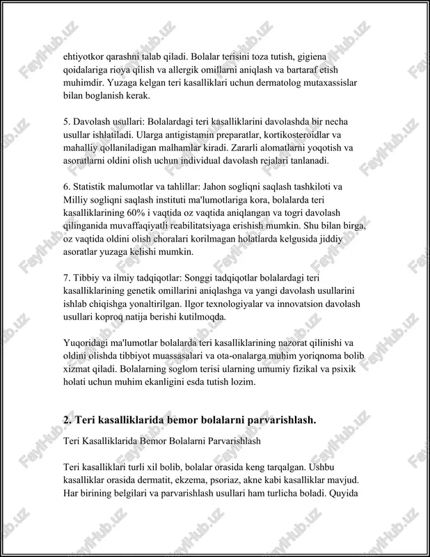 lari ham turlicha boladi. quyida teri kasalliklari va ularda bemor bolalarni parvarishlash haqida batafsil ma'lumot keltiriladi. 1. atopik dermatit: bolalarda eng keng tarqalgan teri kasalliklaridan biri. jahon sogliqni saqlash tashkilotining malumotlariga kora, global miqyosda bolalarning taxminan 10-20% atopik dermatitga uchraydi. bu kasallik terida qichishish, qizarish, va qozgalishni keltirib chiqaradi. bemor bolalarni parvarishlashda terini namlantirishga alohida etibor qaratilishi kerak. har kuni vaqti-vaqti bilan yumshoqlik beruvchi kremlar surtilishi kerak. dermatologlar atrof-muhit omillarini nazorat qilishni tavsiya etadi, masalan, chang va allergenlarning minimallashtirilishi. 2. psoriaz: bu autoimmun xastalik bolib, bolalar orasida taxminan 1-2% uchraydi. psoriaz terida qizil, shilinuvchi doglar hosil qiladi. parvarishlashda maxsus kremlar, kortikosteroidlar, va bazi hollarda fototerapiya qollaniladi. parvarish jarayonida bolani stressdan saqlash muhim, chunki psoriazning avj olishi stress bilan bogliq bolishi mumkin. 3. ekzema: ekzema ham keng tarqalgan teri xastaligi bolib, u qizaruvchi, shishadigan va qichishayotgan doglar bilan kechadi. tadqiqot natijalariga kora, ekzema bolalarning 15-30% da paydo bo'lishi mumkin. bolalarni parvarishlashda …