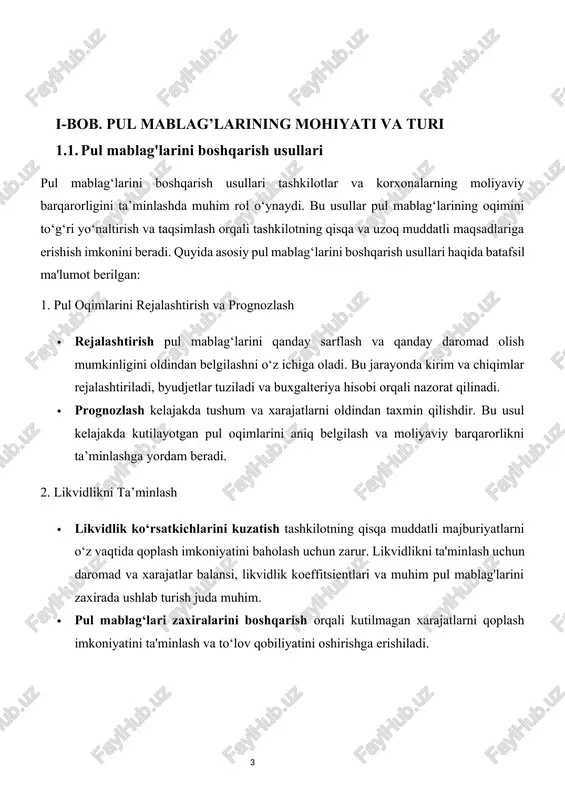 shiladi. 3. pul mablag‘larining samaradorligini oshirish · xarajatlarni optimallashtirish pul mablag‘lari boshqarish jarayonida xarajatlarni qisqartirish va daromadlarni oshirish orqali tashkilotning rentabelligini oshirish imkonini beradi. · ish kapitalini samarali boshqarish orqali aylanuvchi mablag‘larni to‘g‘ri yo‘naltirish va ortiqcha kapitalning harakatini minimallashtirish amalga oshiriladi. 4. pul mablag‘larini taqqoslash va tahlil qilish · davriy tahlil orqali tashkilotning pul oqimlari, xarajatlar va daromadlar hajmi doimiy ravishda kuzatiladi va ularning samaradorligi tahlil qilinadi. · ko‘rsatkichlarni taqqoslash – vaqt o‘tishi bilan o‘zgarishlarni tahlil qilish va rivojlanish tendentsiyalarini aniqlash imkonini beradi. masalan, o‘tgan davrdagi va hozirgi davrdagi moliyaviy ko‘rsatkichlarni taqqoslash, samaradorlikni baholash va kelgusida yanada foydali yo‘nalishlarni aniqlash imkoniyatini beradi. 5. pul mablag‘larini avtomatlashtirish · moliyaviy texnologiyalar va dasturiy ta’minotdan foydalanish pul mablag‘larini boshqarish jarayonini tezlashtiradi va xatoliklarni kamaytiradi. pul mablag‘larini boshqarish uchun zamonaviy dasturiy ta'minotlar orqali avtomatik hisobotlar olish va real vaqt rejimida pul oqimlarini kuzatish mumkin. · onlayn to‘lov tizimlarini qo‘llash esa pul mablag‘larining samaradorligini oshirish …