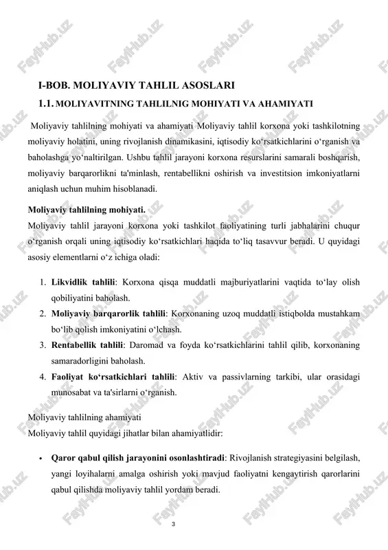 r bilan ahamiyatlidir: · qaror qabul qilish jarayonini osonlashtiradi: rivojlanish strategiyasini belgilash, yangi loyihalarni amalga oshirish yoki mavjud faoliyatni kengaytirish qarorlarini qabul qilishda moliyaviy tahlil yordam beradi. · korxona samaradorligini oshiradi: tahlil natijalari asosida samaradorlikni oshirishga qaratilgan tavsiyalar ishlab chiqilishi va moliyaviy resurslar oqilona taqsimlanishi mumkin. · investorlar va kreditorlar uchun ishonchli manba bo‘lib xizmat qiladi: moliyaviy tahlil natijalari investorlar va kreditorlar uchun korxona haqida to‘liq ma'lumot berib, ularning investitsion qarorlarini to‘g‘ri yo‘naltiradi. · risklarni kamaytiradi: korxona faoliyatida yuzaga kelishi mumkin bo‘lgan moliyaviy xavflarni aniqlab, ular bo‘yicha chora-tadbirlarni ishlab chiqishga imkon beradi. · ichki boshqaruv tizimini yaxshilaydi: moliyaviy tahlil natijasida ichki boshqaruv jarayonlari tahlil qilinadi va bu asosida takomillashtirish uchun tavsiyalar ishlab chiqiladi.moliyaviy tahlil korxona yoki tashkilotning moliyaviy ahvolini chuqur o'rganish va uni baholash uchun amalga oshiriladi. bu jarayon korxona faoliyatining samaradorligini baholash, investitsion imkoniyatlarni aniqlash va kelajakda yuzaga kelishi mumkin bo'lgan moliyaviy qiyinchiliklarni oldini olish uchun muhimdir. moliyaviy tahlilning …
