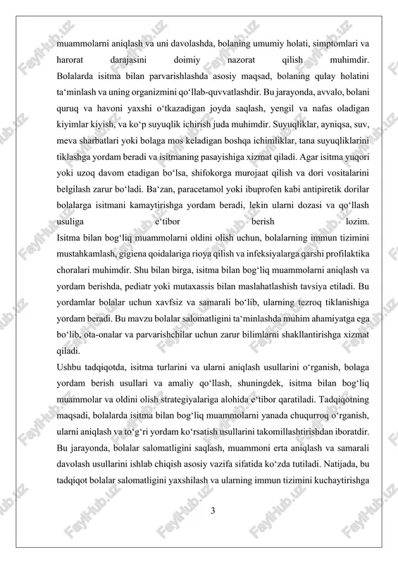 etadi. i. isitma turlarini va ularni aniqlash usullarini o‘rganish isitma turlarini va ularni aniqlash usullarini o’rganishda, avvalo, isitmaning kelib chiqish manbai va uning fiziologik yoki patologik asoslari muhim ahamiyatga ega. isitma – bu inson organizmining haroratining normadan oshishi bo’lib, odatda 38°c dan yuqori bo’ladi. bolalarda isitma turini to’g’ri aniqlash, ularning sog’lig’ini saqlash va samarali yordam ko’rsatish uchun muhim bosqichdir. isitma turlarini aniqlash uchun, birinchi navbatda, uning kelib chiqish sababini va davomiyligini hisobga olish lozim. isitma ikki asosiy turga bo’linadi: kasallik bilan bog’liq isitma va kasallikdan mustaqil yoki boshqa sabablar bilan yuzaga keladigan isitma. kasallik bilan bog’liq isitma odatda viruslar, bakteriyalar yoki mikroorganizmlar bilan bog’liq bo’lib, organizmdagi immun javobning natijasidir. bu turdagi isitma odatda infektsion jarayonlar bilan bog’liq bo’lib, u bolalarda ko’pincha yuqori harorat bilan kechadi. kasallikdan mustaqil yoki boshqa sabablar bilan yuzaga keladigan isitma esa, masalan, termoregulyatsiya muammolari yoki jismoniy faoliyat natijasida yuzaga kelishi mumkin. isitma darajasiga qarab, ularni yuqori …