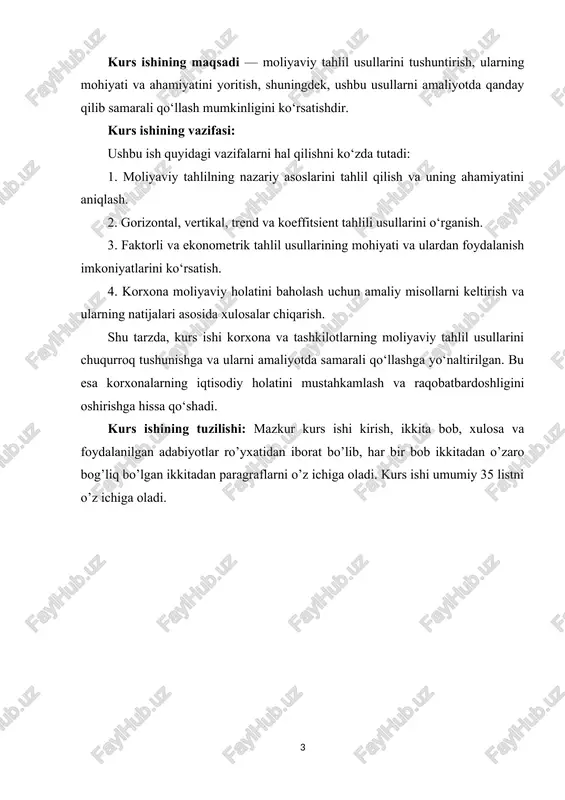 moliyaviy usullar haqida umumiy tushuncha moliyaviy tahlil — bu kompaniyaning moliyaviy holatini, faoliyat samaradorligini va iqtisodiy barqarorligini baholash jarayonidir. u turli xil moliyaviy ko‘rsatkichlar, hisobotlar va ma'lumotlarni tahlil qilish orqali amalga oshiriladi. moliyaviy tahlilning asosiy maqsadlari: faoliyat samaradorligini o‘lchash: kompaniyaning rentabellik va samaradorlik darajasini baholash. xavflarni aniqlash: moliyaviy risklarni va muammolarni o‘rganish. strategik qarorlar qabul qilish: investitsiya, moliyaviy rejalashtirish va boshqaruv qarorlarini asoslash. o‘sish imkoniyatlarini baholash: kelajakda o‘sish va rivojlanish istiqbollarini aniqlash. tahlil jarayoni: ma'lumotlarni yig‘ish: moliyaviy hisobotlar, balans, foyda va zarar hisobotlari va boshqa tegishli ma'lumotlarni to‘plash. tahlil usullarini tanlash: nisbiy, gorizontal, vertikal tahlil kabi usullarni qo‘llash. natijalarni baholash: olingan natijalarni tahlil qilib, kompaniyaning moliyaviy holatini baholash. moliyaviy tahlil natijalari kompaniyaning moliyaviy holati haqida muhim ma'lumot beradi va moliyaviy rejalashtirishda, investitsiya qarorlarida va strategik boshqaruvda qo‘llaniladi. xo`jalik yurituvchi subyektlar faoliyatini baholashda moliyaviy tahlildan foydalanish albatta: xo`jalik yurituvchi subyektlarning moliyaviy hisobotlarini tuzish va ularga tushuntirishlar berishda; moliyaviy holatini baholashda; iqtisodiy …