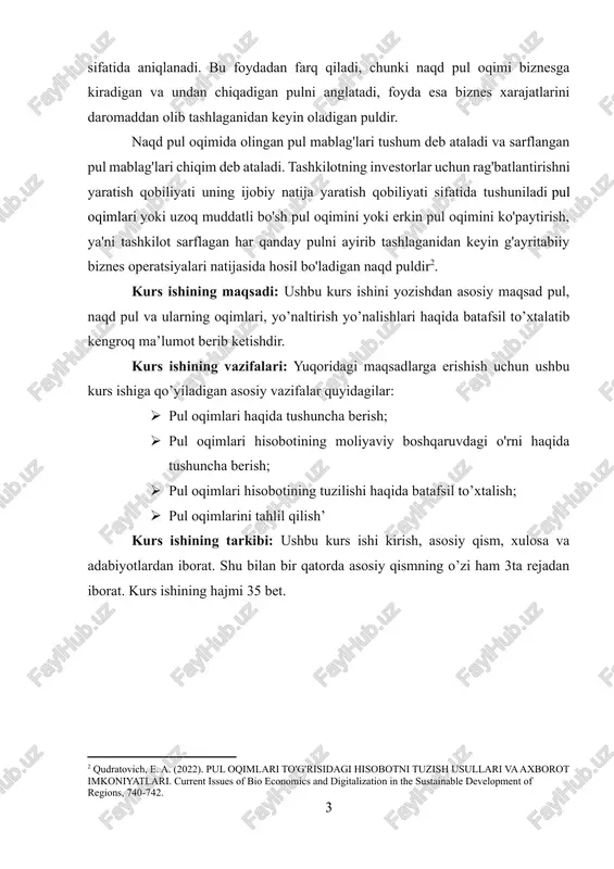 huncha berish; · pul oqimlari hisobotining tuzilishi haqida batafsil to’xtalish; · pul oqimlarini tahlil qilish’ kurs ishining tarkibi: ushbu kurs ishi kirish, asosiy qism, xulosa va adabiyotlardan iborat. shu bilan bir qatorda asosiy qismning o’zi ham 3ta rejadan iborat. kurs ishining hajmi 35 bet. 1. pul oqimlari hisobotining moliyaviy boshqaruvdagi o'rni. naqd pul oqimi deganda pul mablag'larining tashkilot ichida va undan tashqarida harakatlanishi tushuniladi. siz pul oqimi to'g'risidagi hisobotni tushunishingiz mumkin moliyaviy tashkilotning pul mablag'lari va ularning ekvivalentlaridan vaqt o'tishi bilan manbalari va foydalanishi haqida hisobot beruvchi bayonot. tashkilotning pul oqimi odatda turli xil biznes operatsiyalari, moliyalashtirish va pul mablag'lari oqimi sifatida tasniflanadi. sarmoya kiritish. tashkilotning naqd pul oqimini tushunish uchun bir nechta usullar qo'llaniladi, jumladan, qarzga xizmat ko'rsatishni qoplash koeffitsienti, pulsiz pul oqimi va erkin pul oqimi. kompaniyalar pul olishadi sotish daromad yoki daromad sifatida va kompaniyaning turli xarajatlari yoki xarajatlariga naqd pul sarflaydi. kompaniyalar ham olishlari mumkin daromad …
