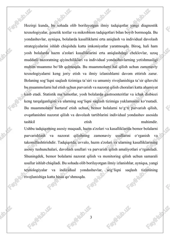 it, peptik yaralar, ichak disbiozi, ichak infektsiyalari va boshqa patologiyalar kiradi. ushbu kasalliklar yosh bolalarda turli simptomlar bilan namoyon bo‘lishi mumkin, masalan, oshqozon-ichak traktining og‘riqlari, ishtaha buzilishi, qusish, diareya yoki qattiqlik. har bir simptom va kasallikning o‘ziga xosligi va rivojlanish bosqichlari bo‘yicha to‘g‘ri parvarish va nazorat muhimdir. bemor bolalarni parvarish qilishda individual yondashuv muhim ahamiyatga ega. bu, avvalo, bolalarning yoshiga va kasallikning og‘irligiga qarab, ovqatlanish rejimini tuzish va muolajalarni belgilashni o‘z ichiga oladi. masalan, gastrit yoki peptik yaralar bilan og‘rigan bolalarda yengil, oson hazm bo‘ladigan ovqatlar tavsiya etiladi, shuningdek, ovqatlanish tartibini kuzatish va muayyan muddatda qabul qilish muhimdir. dori-darmonlar, antibiotiklar, probiotiklar va boshqa farmatsevtik vositalar bilan davolash, shuningdek, dori-darmonlarni qabul qilish tartibiga qat’iy rioya qilish nazorat ostida amalga oshiriladi. parvarish jarayonida bolalarning psixologik va jismoniy holatini hisobga olish ham muhimdir. bolalar uchun qulay muhit yaratish, ularni davolash jarayoniga faol jalb qilish va ruhiy yordam ko‘rsatish, kasalliklarning uzoq davom etishi va …