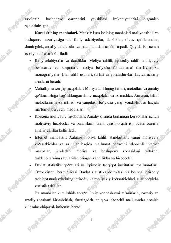 urlari va yondashuvlari haqida nazariy asoslarni beradi. · mahalliy va xorijiy maqolalar: moliya tahlilining turlari, metodlari va amaliy qo‘llanilishiga bag‘ishlangan ilmiy maqolalar va izlanishlar. xususan, tahlil metodlarini rivojlantirish va yangilash bo‘yicha yangi yondashuvlar haqida ma’lumot beruvchi maqolalar. · korxona moliyaviy hisobotlari: amaliy qismda tanlangan korxonalar uchun moliyaviy hisobotlar va balanslarni tahlil qilish orqali ish uchun zaruriy amaliy dalillar keltiriladi. · internet manbalari: xalqaro moliya tahlili standartlari, yangi moliyaviy ko‘rsatkichlar va uslublar haqida ma’lumot beruvchi ishonchli internet manbalar, jumladan, moliya va boshqaruv sohasidagi yetakchi tashkilotlarning saytlaridan olingan yangiliklar va hisobotlar. · davlat statistika qo‘mitasi va iqtisodiy tadqiqot institutlari ma’lumotlari: o‘zbekiston respublikasi davlat statistika qo‘mitasi va boshqa iqtisodiy tadqiqot markazlarining iqtisodiy va moliyaviy ko‘rsatkichlari, ular bo‘yicha statistik tahlillar. bu manbalar kurs ishida to‘g‘ri ilmiy yondashuvni ta’minlash, nazariy va amaliy asoslarni birlashtirish, shuningdek, aniq va ishonchli ma'lumotlar asosida xulosalar chiqarish imkonini beradi. kurs ishining ob'ekti. korxona moliyaviy holatini baholash va boshqaruv qarorlarini qabul …