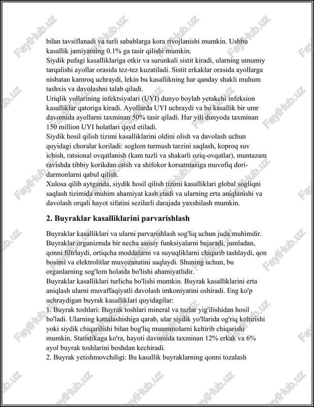 kasalliklari quyidagilar: 1. buyrak toshlari: buyrak toshlari mineral va tuzlar yig'ilishidan hosil bo'ladi. ularning kattalashishiga qarab, ular siydik yo'llarida og'riq keltirishi yoki siydik chiqarilishi bilan bog'liq muammolarni keltirib chiqarishi mumkin. statistikaga ko'ra, hayoti davomida taxminan 12% erkak va 6% ayol buyrak toshlarini boshdan kechiradi. 2. buyrak yetishmovchiligi: bu kasallik buyraklarning qonni tozalash faoliyatini tamomlay olmasligidan kelib chiqadi. buyrak yetishmovchiligi surunkali yoki o'tkir bo'lishi mumkin. surunkali buyrak yetishmovchiligi dunyo bo'ylab millionlab odamlarni tasir qiladi va u ko'pincha boshqa kasalliklarning asoratlari, masalan, diabet yoki yuqori qon bosimi natijasida rivojlanadi. dunyoda buyrak yetishmovchiligi bo'lgan bemorlarning soni bir necha millionlarni tashkil qilishi mumkin. 3. glomerulonefrit: bu buyrakning filtr tuzilmalari, ya'ni glomerullarning yallig'lanishi bilan tavsiflanadi. glomerulonefrit autoimmun kasalliklar, infeksiyalar yoki tashqi omillar ta'sirida rivojlanishi mumkin. buyraklar kasalliklarini oldini olish uchun bir qator profilaktika choralari qollanilishi mumkin: - suyuqlik ichish tavsiyalari: kuniga etarli miqdorda suyuqlik (taxminan 2-3 litr) ichish katta ahamiyatga ega. bu siydik yo'llarida tuzlar …