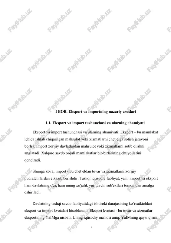 rini belgilaydi. i bob. eksport va importning nazariy asoslari 1.1. eksport va import tushunchasi va ularning ahamiyati eksport va import tushunchasi va ularning ahamiyati: eksport – bu mamlakat ichida ishlab chiqarilgan mahsulot yoki xizmatlarni chet elga sotish jarayoni bo‘lsa, import xorijiy davlatlardan mahsulot yoki xizmatlarni sotib olishni anglatadi. xalqaro savdo orqali mamlakatlar bir-birlarining ehtiyojlarini qondiradi. shunga ko'ra, import - bu chet eldan tovar va xizmatlarni xorijiy pudratchilardan etkazib berishdir. tashqi iqtisodiy faoliyat, ya'ni import va eksport ham davlatning o'zi, ham uning xo'jalik yurituvchi sub'ektlari tomonidan amalga oshiriladi. davlatning tashqi savdo faoliyatidagi ishtiroki darajasining koʻrsatkichlari eksport va import kvotalari hisoblanadi. eksport kvotasi - bu tovar va xizmatlar eksportining yaimga nisbati. uning iqtisodiy ma'nosi aniq: yaimning qaysi qismi eksport qilinadi. xuddi shunday, import kvotasi tovarlar va xizmatlar importining yaimga nisbati sifatida aniqlanadi. uning ma'nosi import qilinadigan tovarlarning ichki iste'moldagi ulushini ko'rsatishdir. shunday qilib, yuqorida qayd etilgan kvotalar mamlakatning iqtisodiy faoliyatidagi eksporti va …