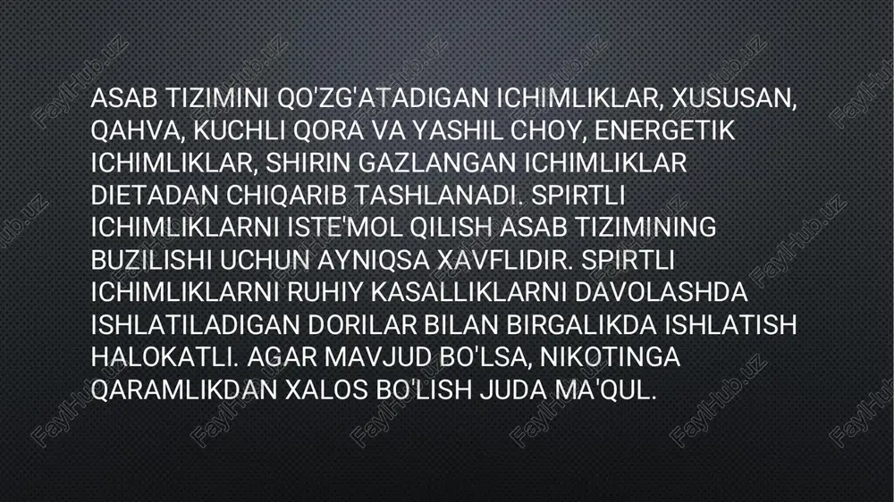 g ovqatlanishining kimyoviy tarkibi muvozanatli bo'lishi kerak. kuniga 300 g sekin uglevodlar (loviya, don), 70-80 g o'simlik va hayvon oqsillari (sabzavot, go'sht, tuxum), sog'lom yog'larni kuniga 70 tagacha iste'mol qilish tavsiya etila slide 5 slide 6 slide 7 slide 8 slide 9: eʼtiboringiz uchun raxmat