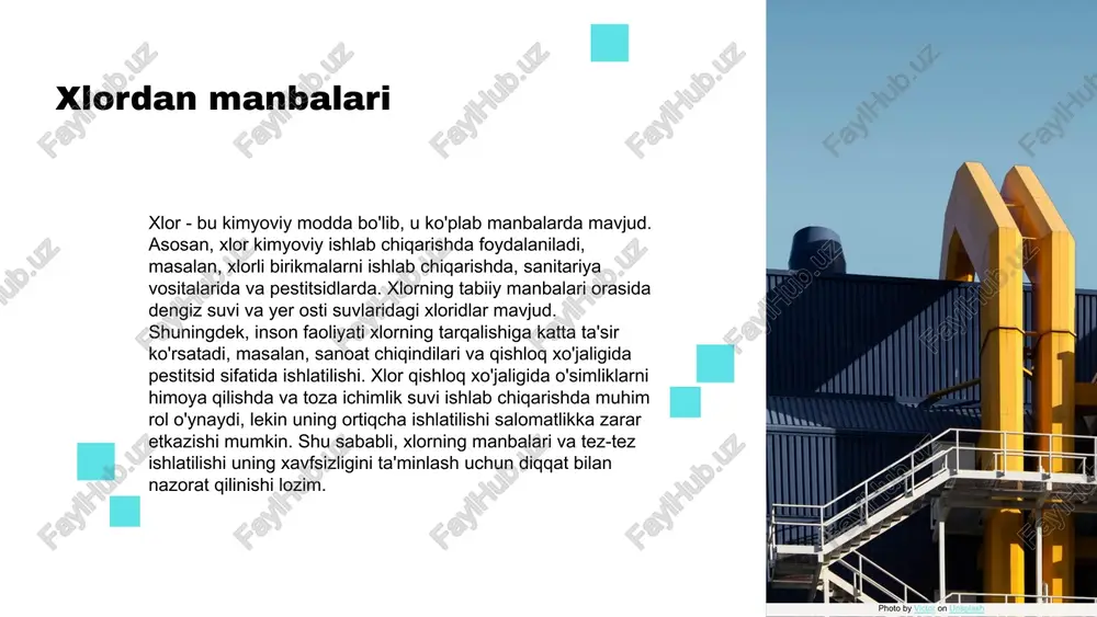 to'g'ri sanitariya talablariga rioya qilmaslik ifloslanishga olib kelishi mumkin. photo by victor on unsplash xlordan zaharlanishdan himoya qilishda muhim maslahatlar xlordan zaharlanishdan himoyalanish uchun birinchi navbatda, xavfli kimyoviy moddalar bilan ishlashda ehtiyot choralariga rioya qilish zarur. oziq-ovqatlarni saqlash va tayyorlashda toza vositalardan foydalanish, o'zgacha hidlarni va ta'mlarni aralashmasligi uchun alohida joylarda saqlash kerak. masalan, xlorli moddalar bilan ishlaganda, himoya vositalarini, masalan, qo'lqoplar va niqoblar kiyish zarur. shuningdek, zarur bo'lganda, havoni tozalash uchun ventilyatsiya tizimlaridan foydalanish va ish joyini doimiy ravishda toza saqlash muhimdir. photo by adrienguh on unsplash xulosa xlordan zaharlanish, ko'plab manbalar orqali yuzaga kelishi mumkin, asosan pestitsidlar va sanoat faoliyati natijasida. xlordan bilan aloqa qilishdan kelib chiqadigan eng katta sog'liq uchun xavflar, nafas olish va teri orqali kirish orqali sodir bo'ladi. bu zaharlanishning alomatlari orasida bosh og'rig'i, qusish va boshqa jiddiy sog'liq muammolari mavjud bo'lib, zarurat tug'ilganda tibbiy monitoring talab etiladi. zaharlanishni davolash usullari orasida antidotlar va boshqa …